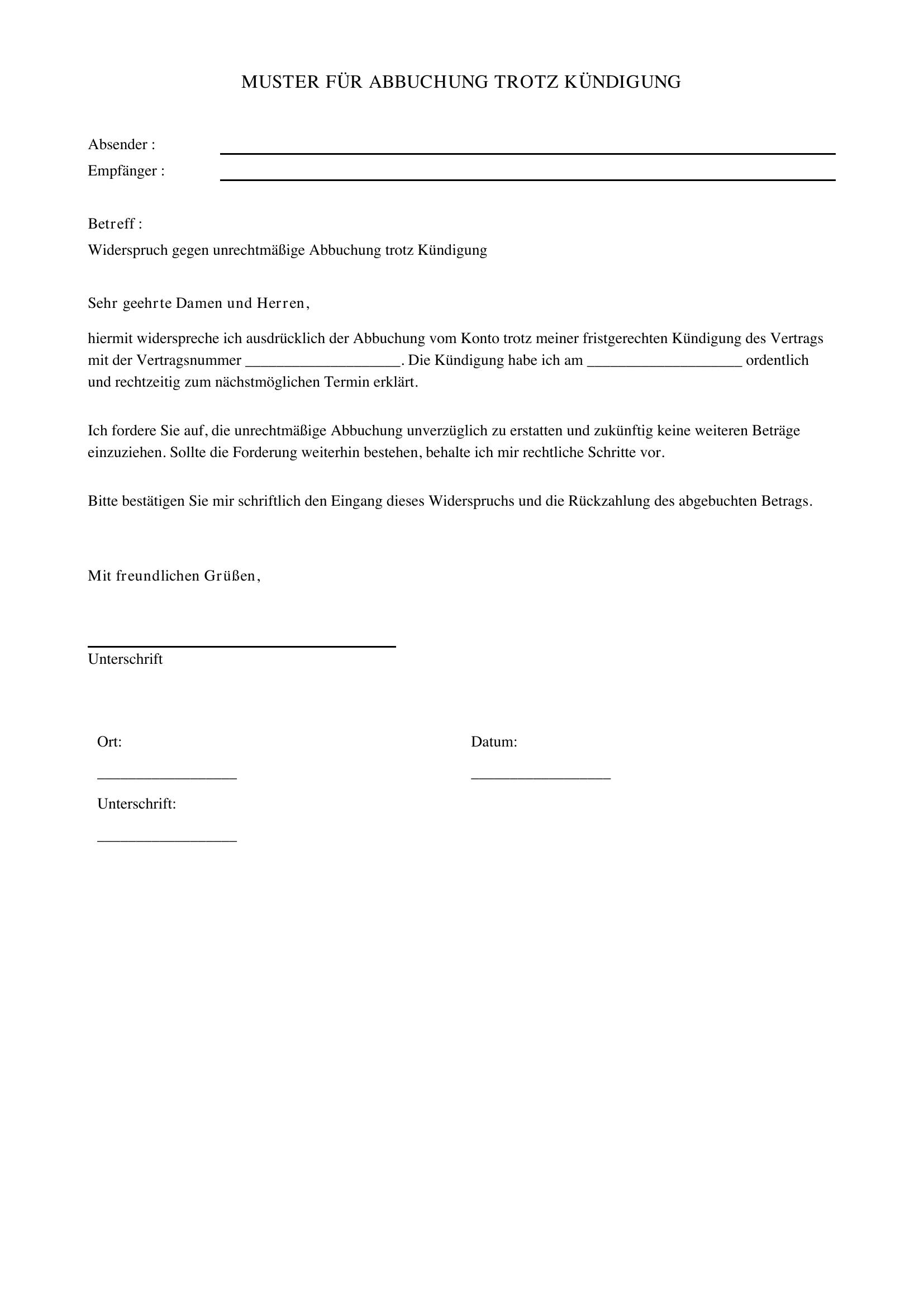 Abbuchung Trotz Kündigung Muster