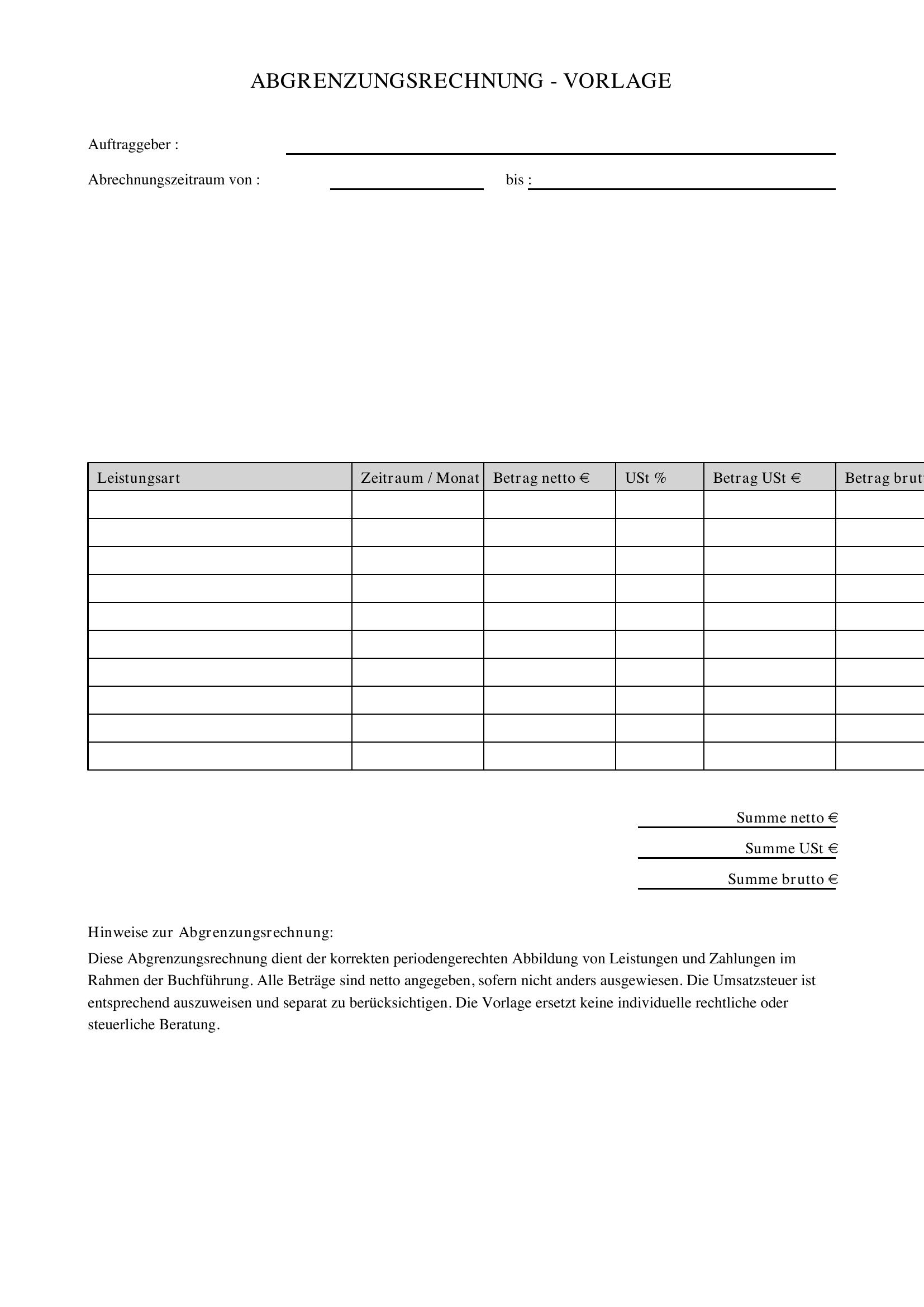 Abgrenzungsrechnung Tabelle Vorlage