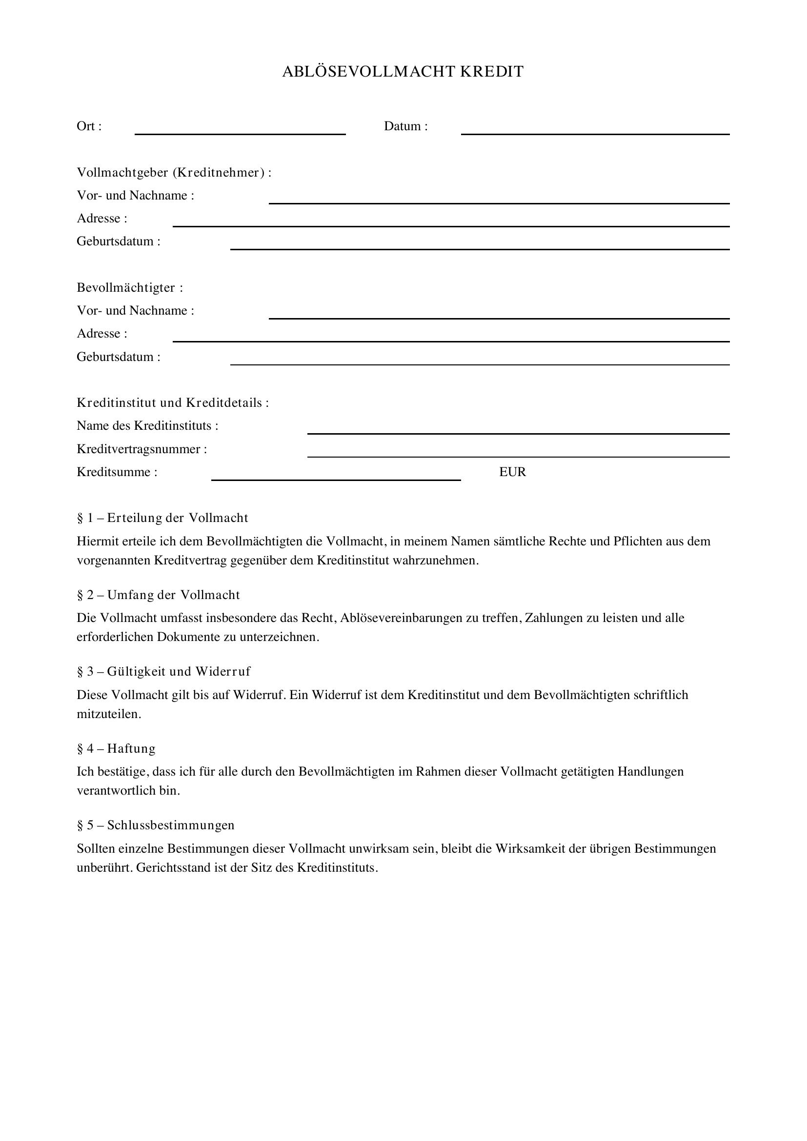 Ablösevollmacht Kredit Vorlage