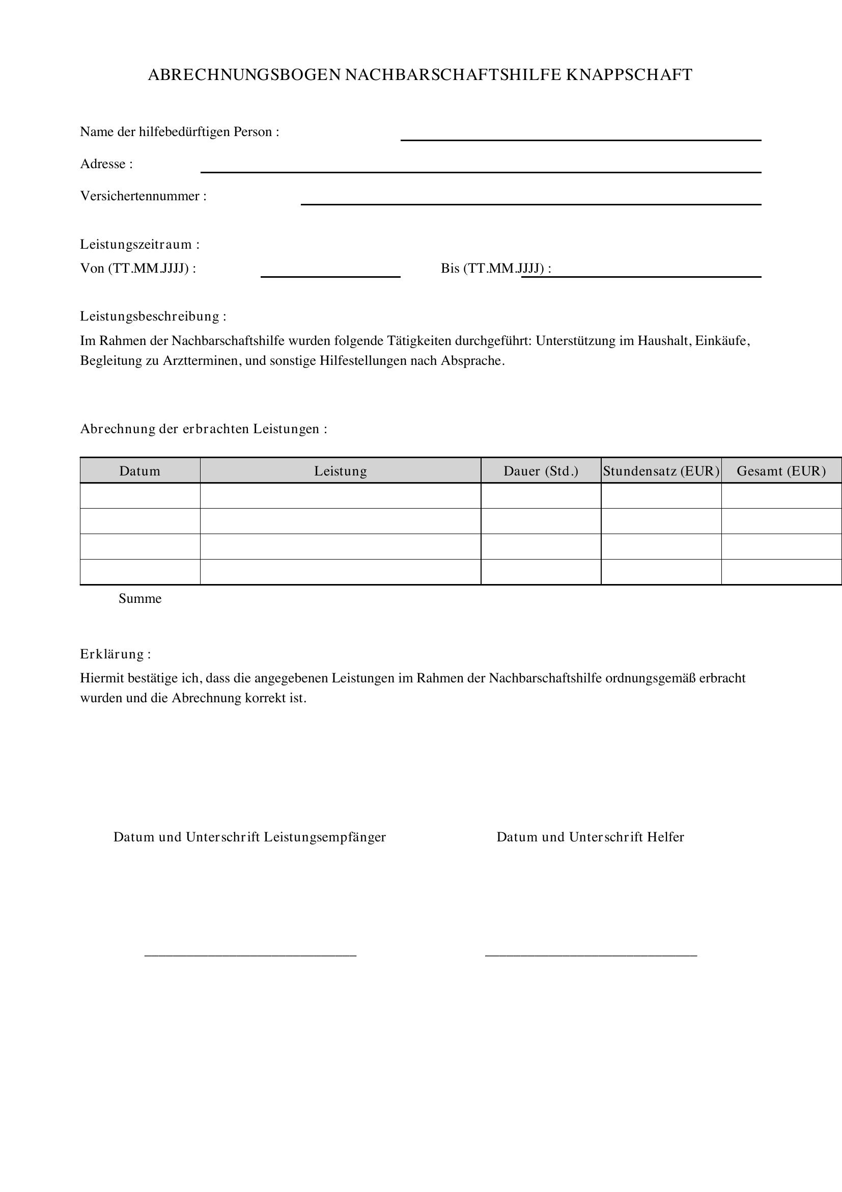 Abrechnungsbogen Nachbarschaftshilfe Knappschaft