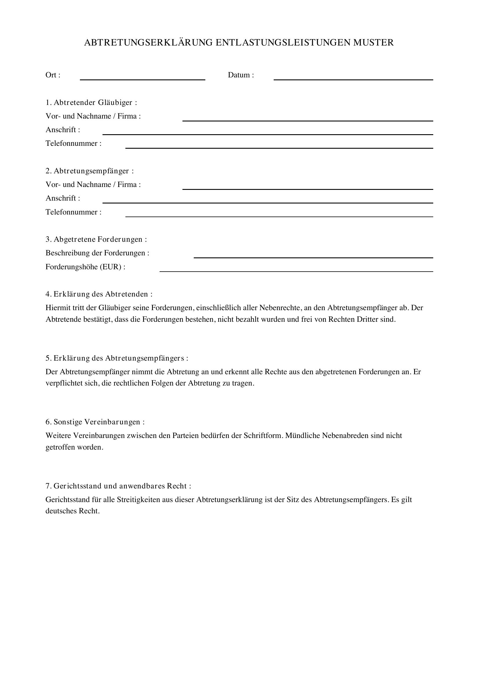 Abtretungserklärung Entlastungsleistungen Muster