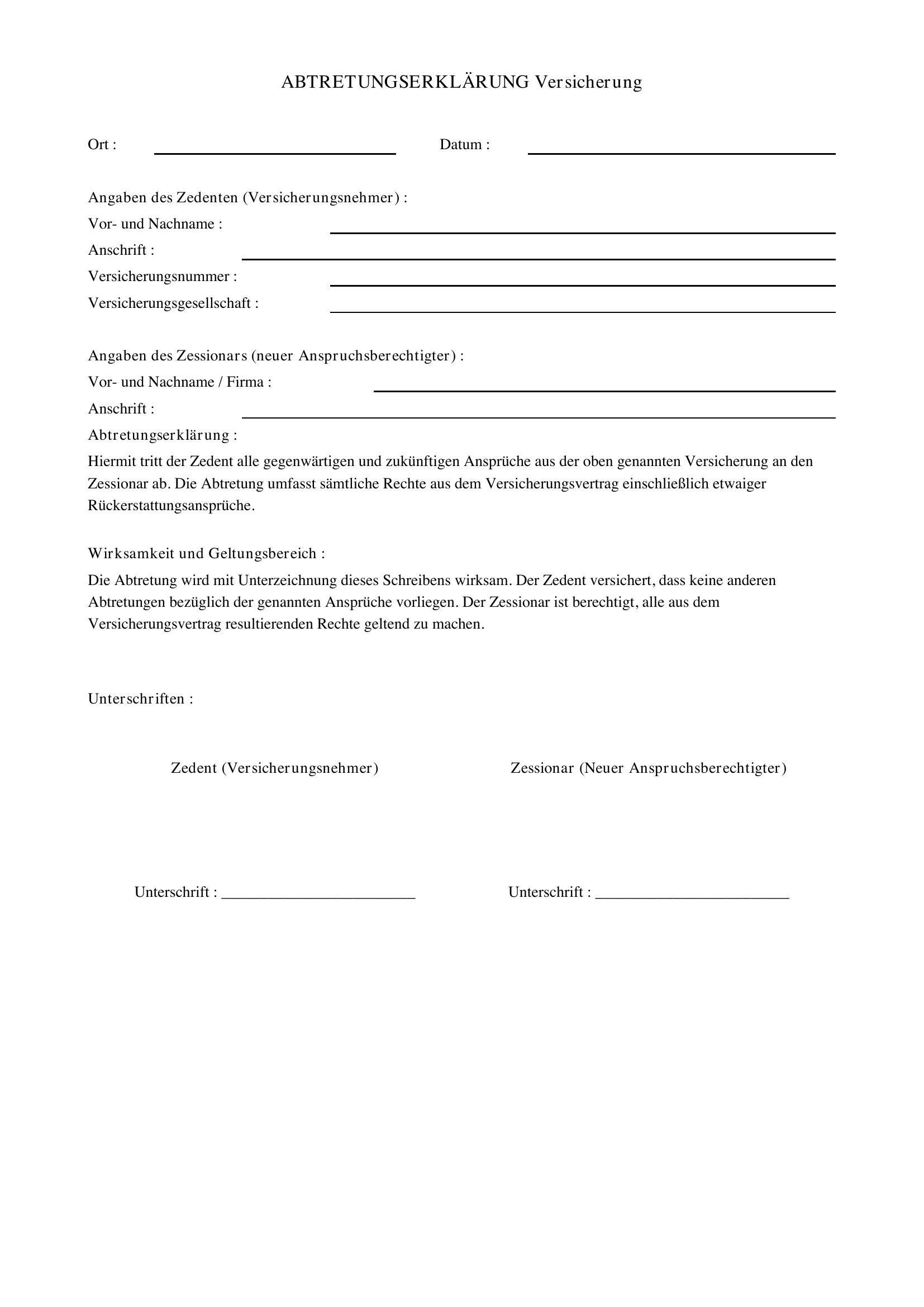 Muster Abtretungserklrung Versicherung