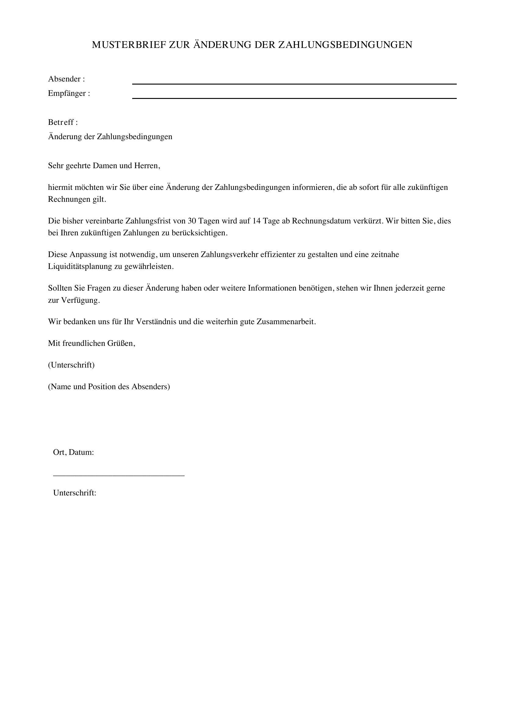 Änderung Zahlungsbedingungen Musterbrief