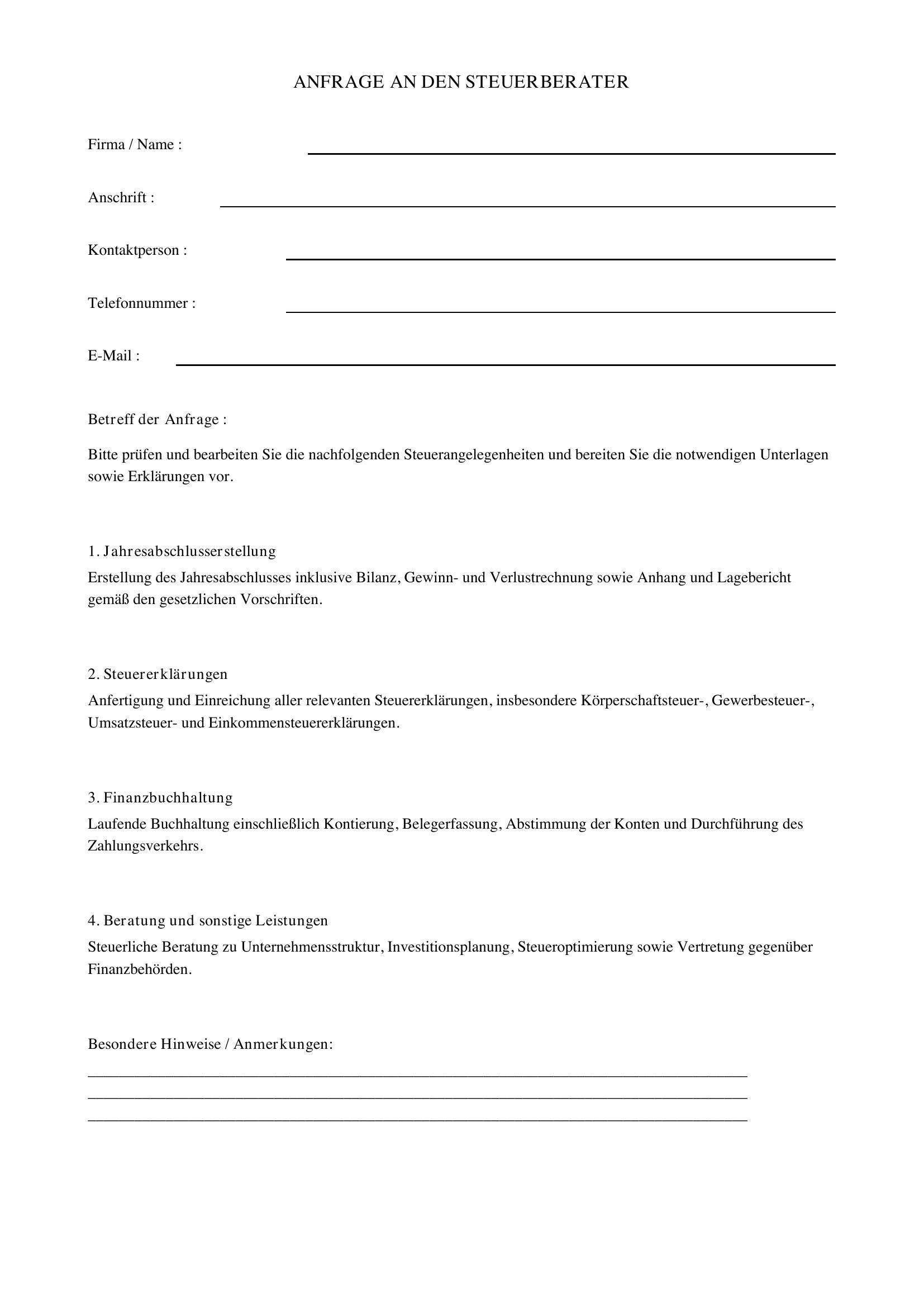 Anfrage Steuerberater Vorlage