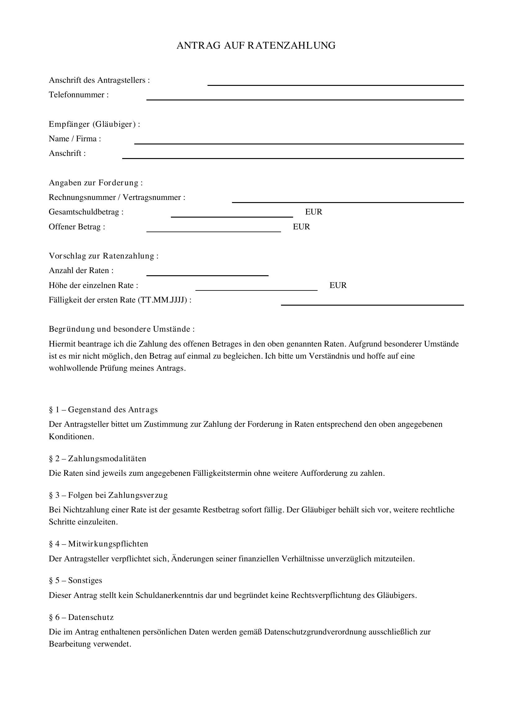 Antrag Auf Ratenzahlung Muster