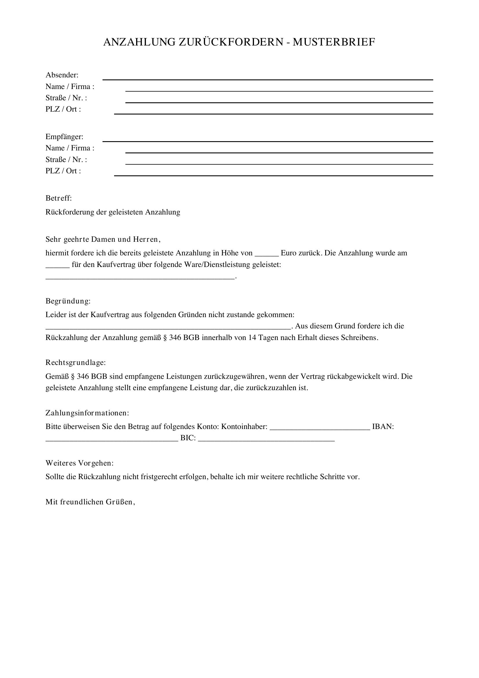 Anzahlung Zurückfordern Musterbrief