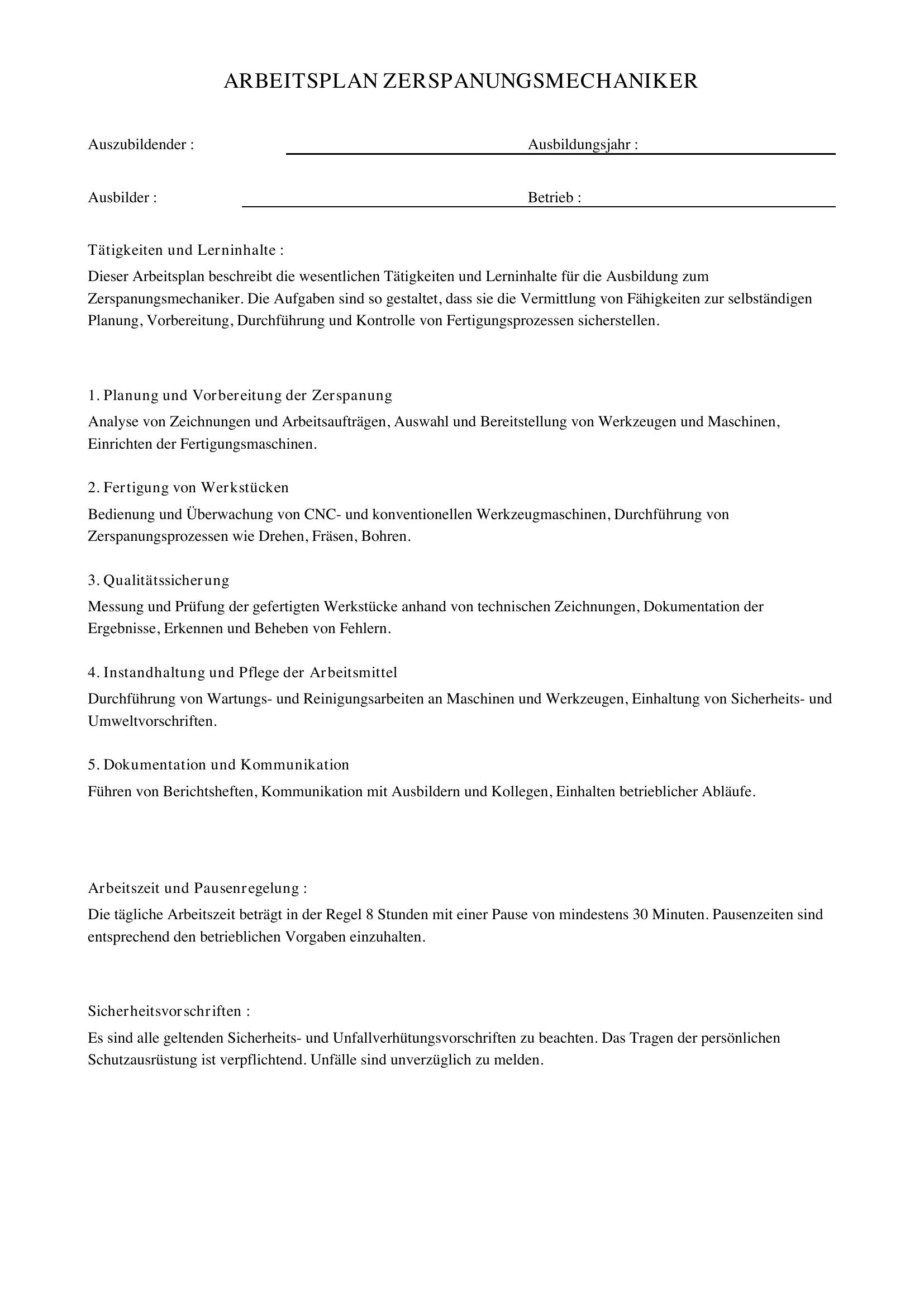 Arbeitsplan Zerspanungsmechaniker Vorlage