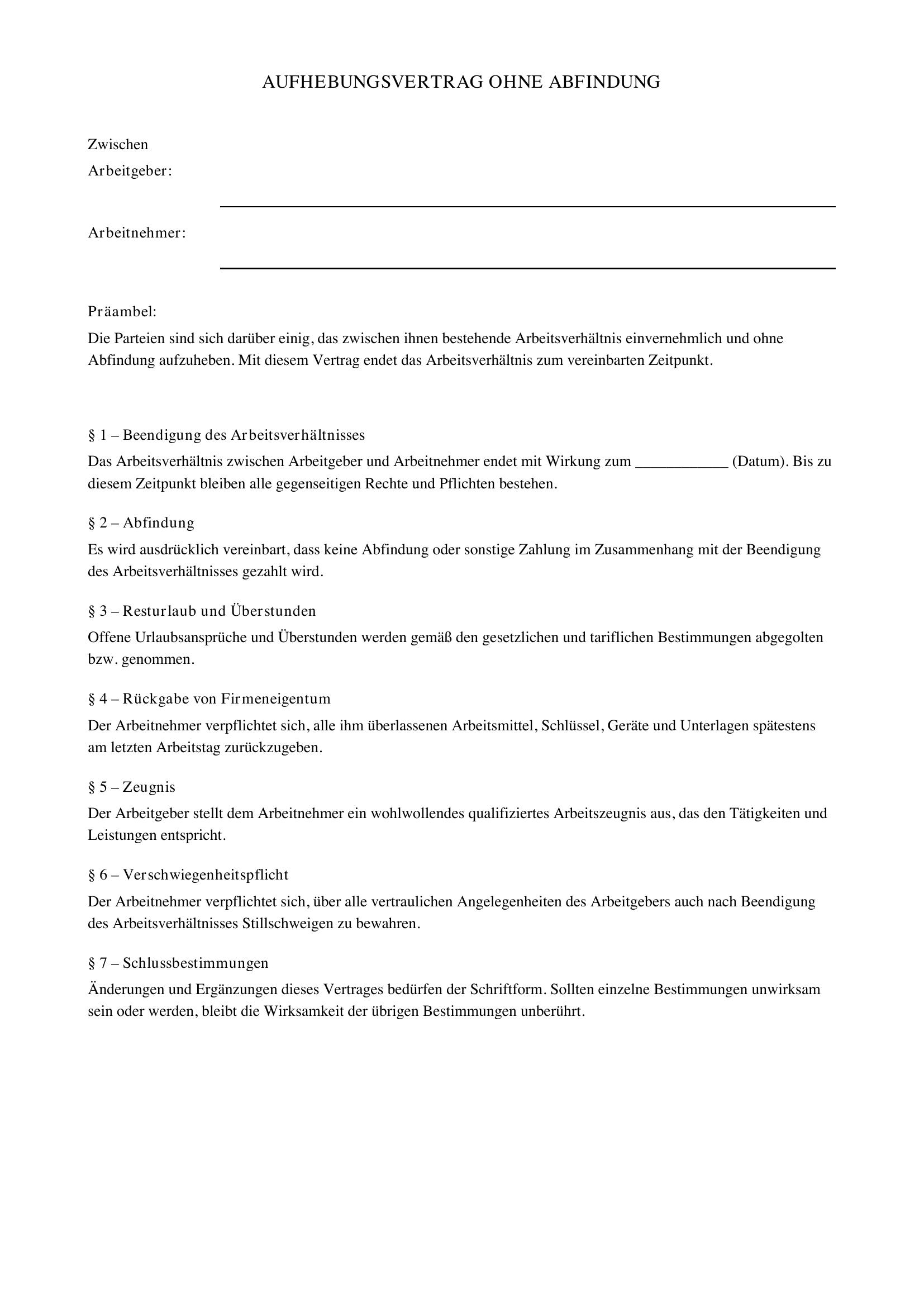 Aufhebungsvertrag Vorlage Ohne Abfindung