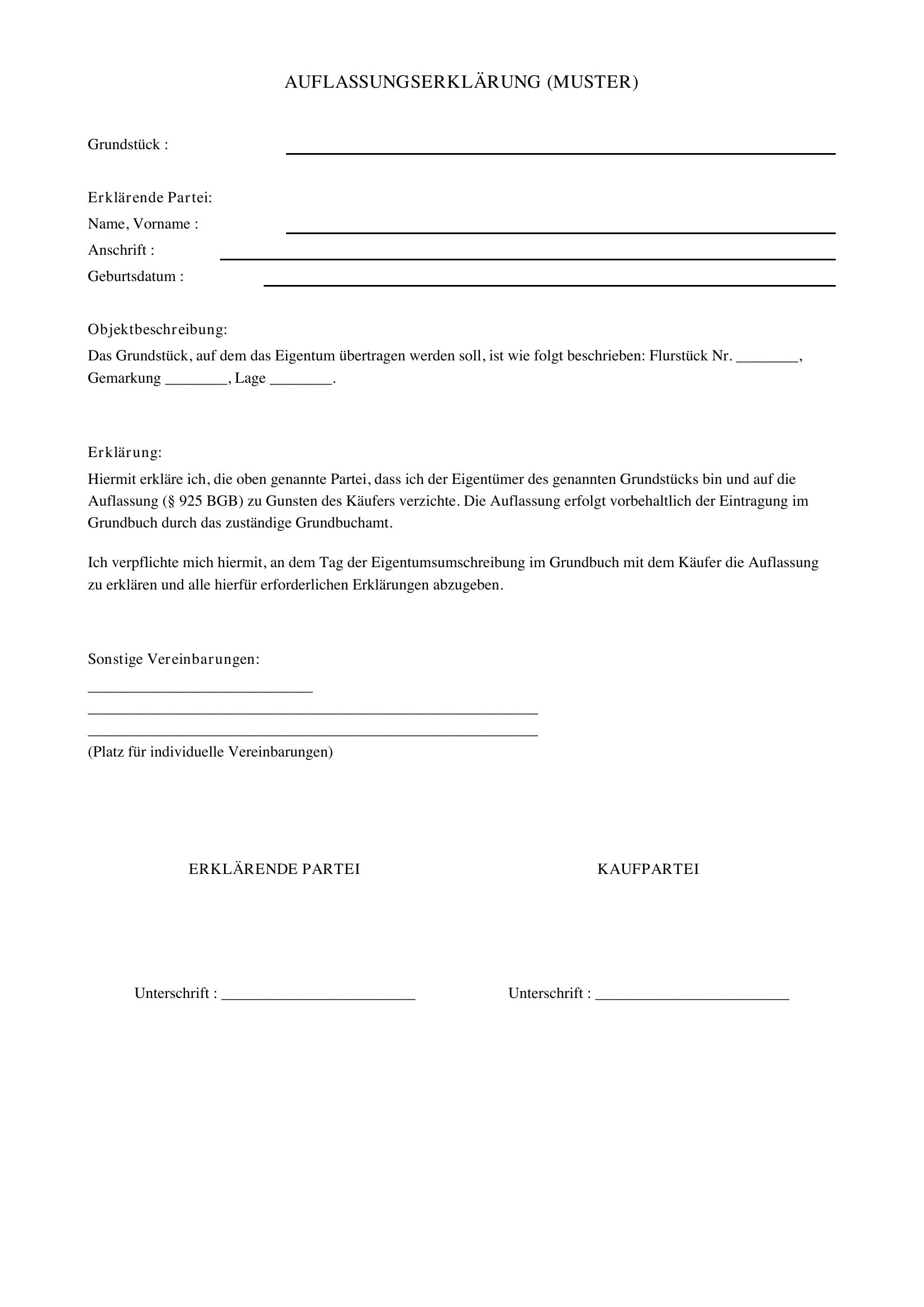 Auflassungserklärung Muster