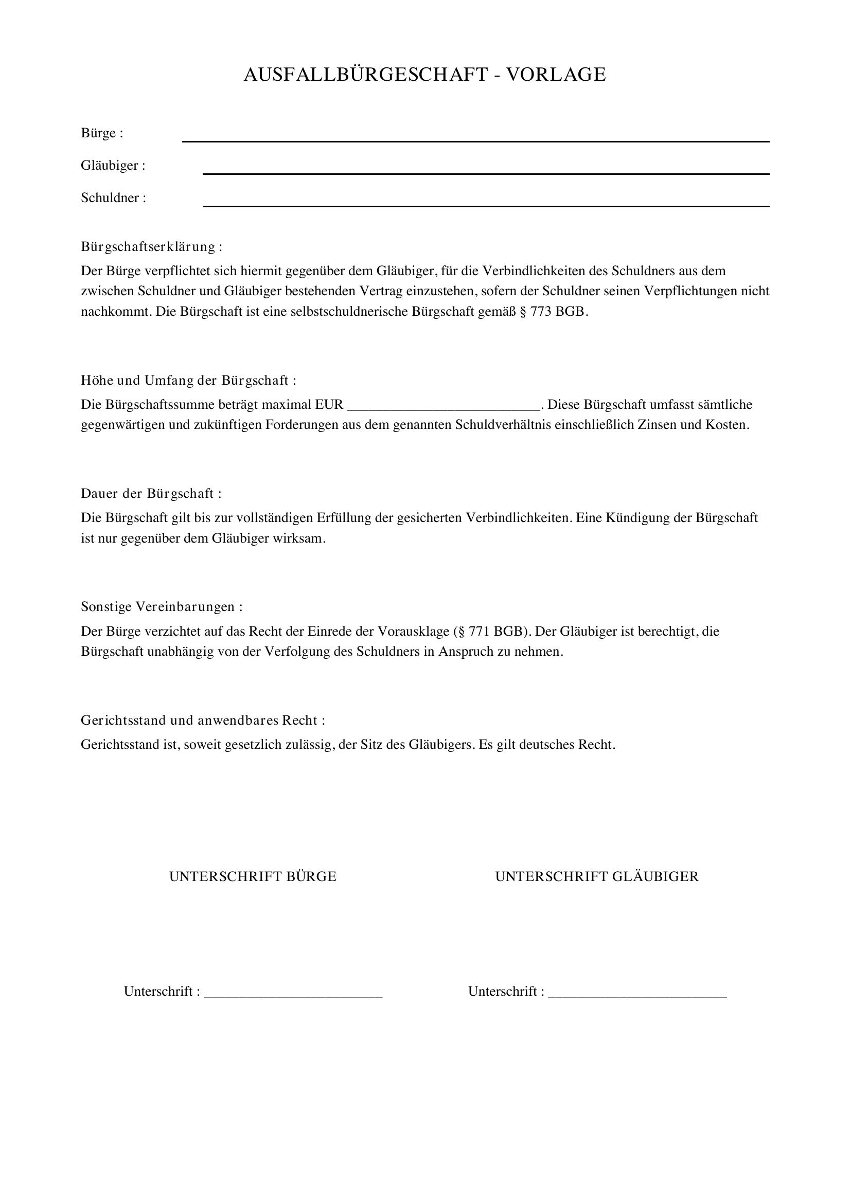 Ausfallbürgschaft Vorlage