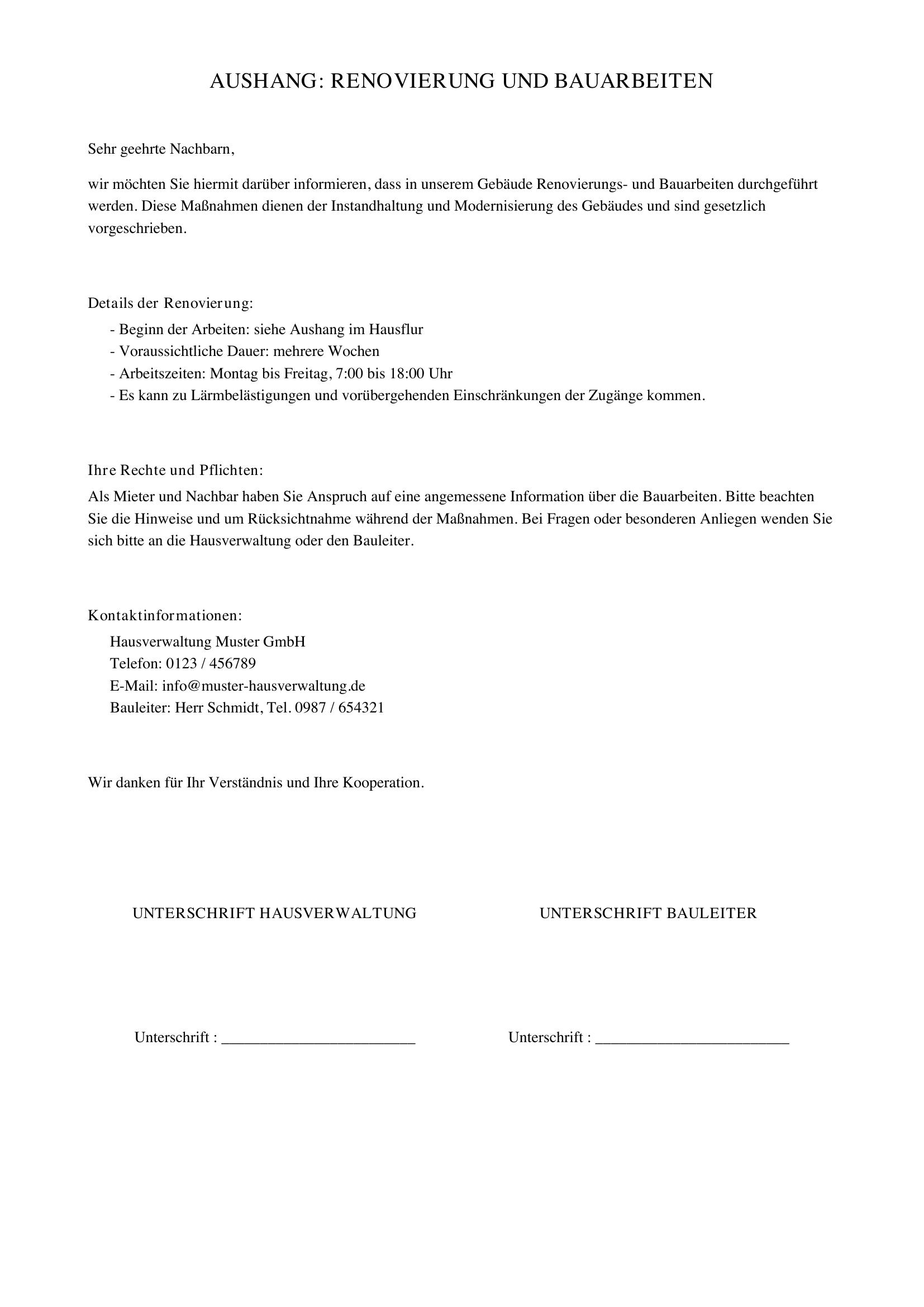 Aushang Brief An Nachbarn Wegen Renovierung Vorlage