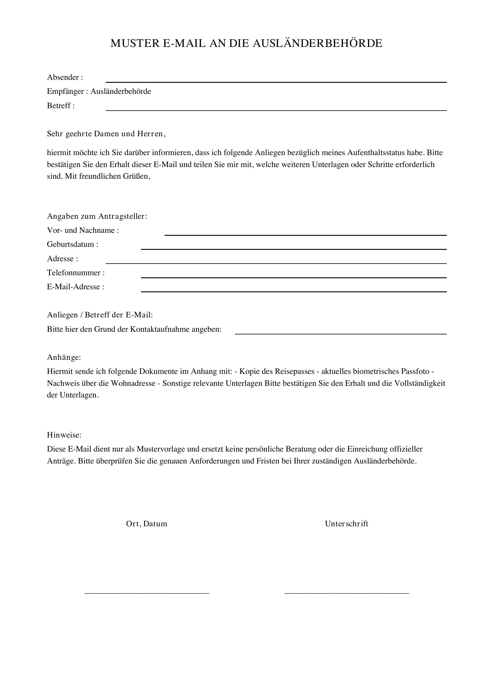 Ausländerbehörde E-Mail Schreiben Muster