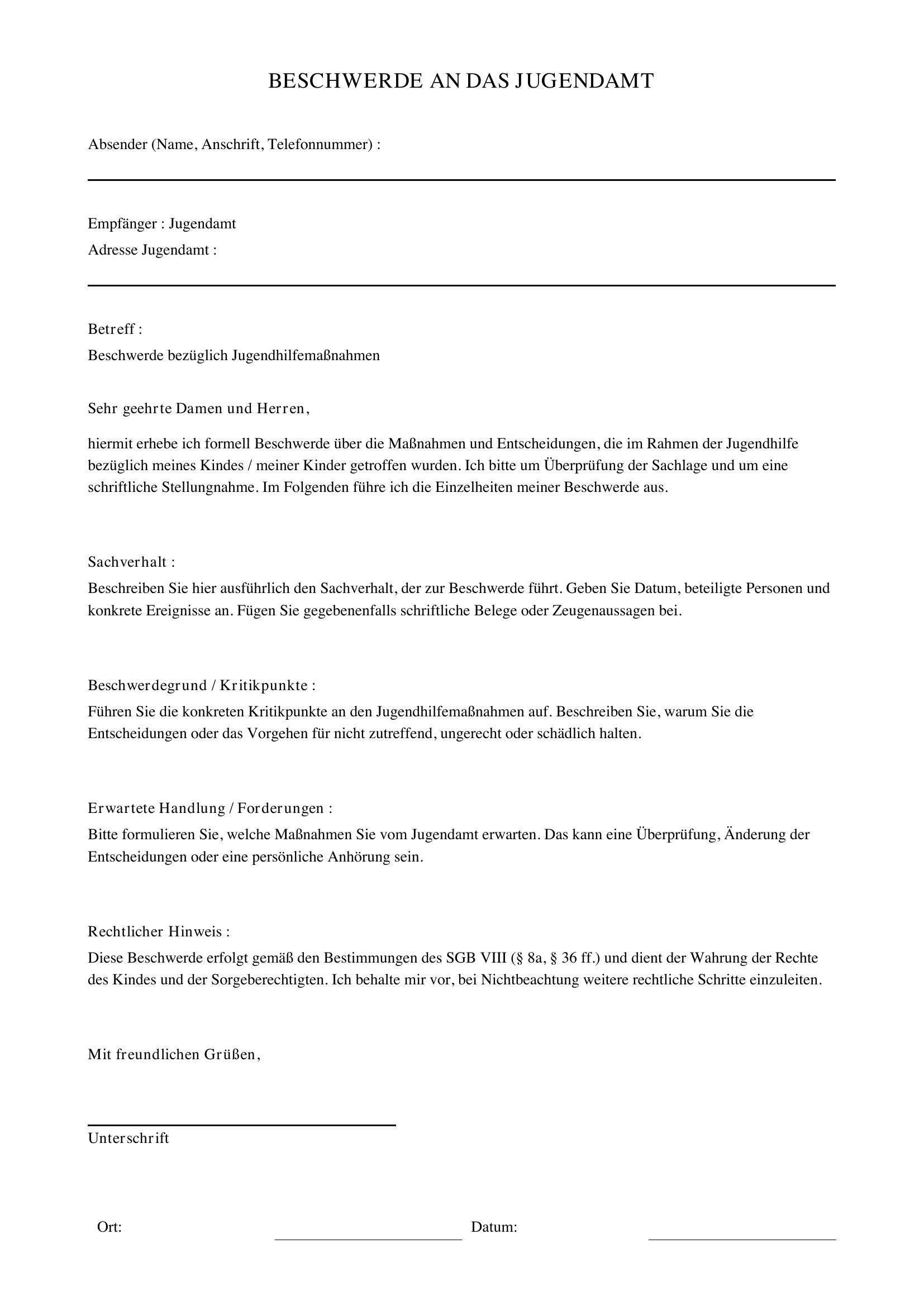 Beschwerde Jugendamt Muster