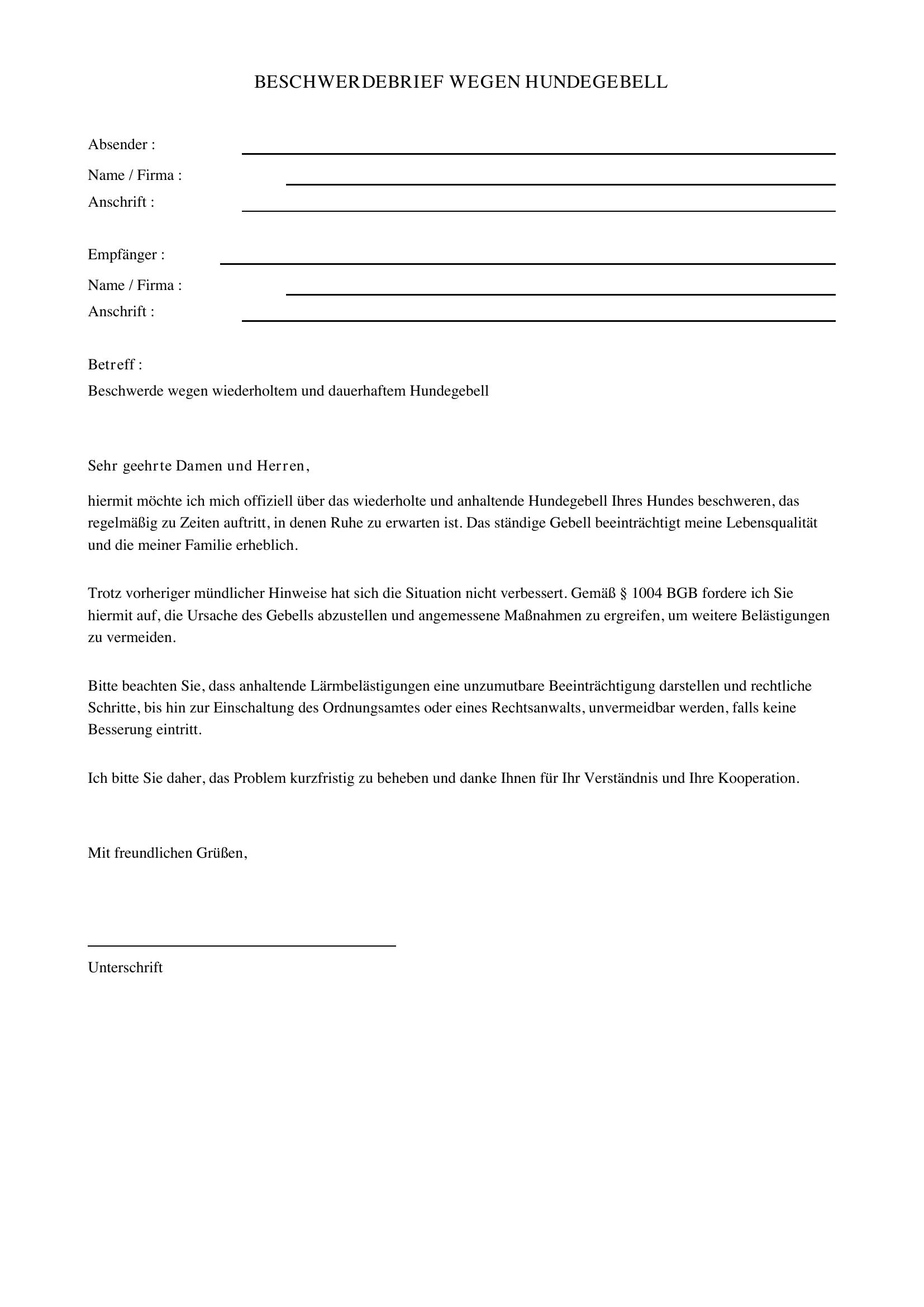 Beschwerdebrief Hundegebell Vorlage