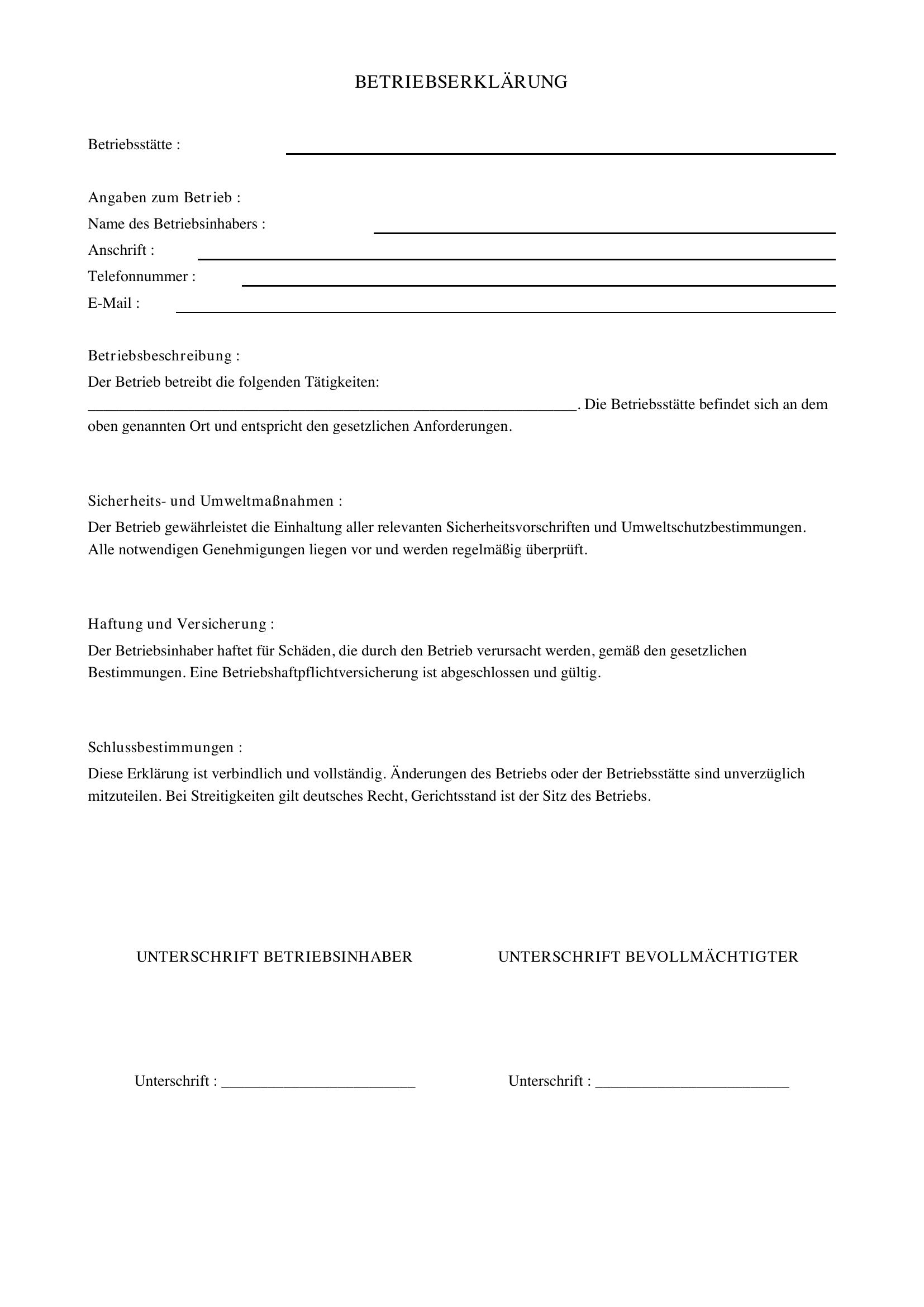 Betriebserklärung Vorlage