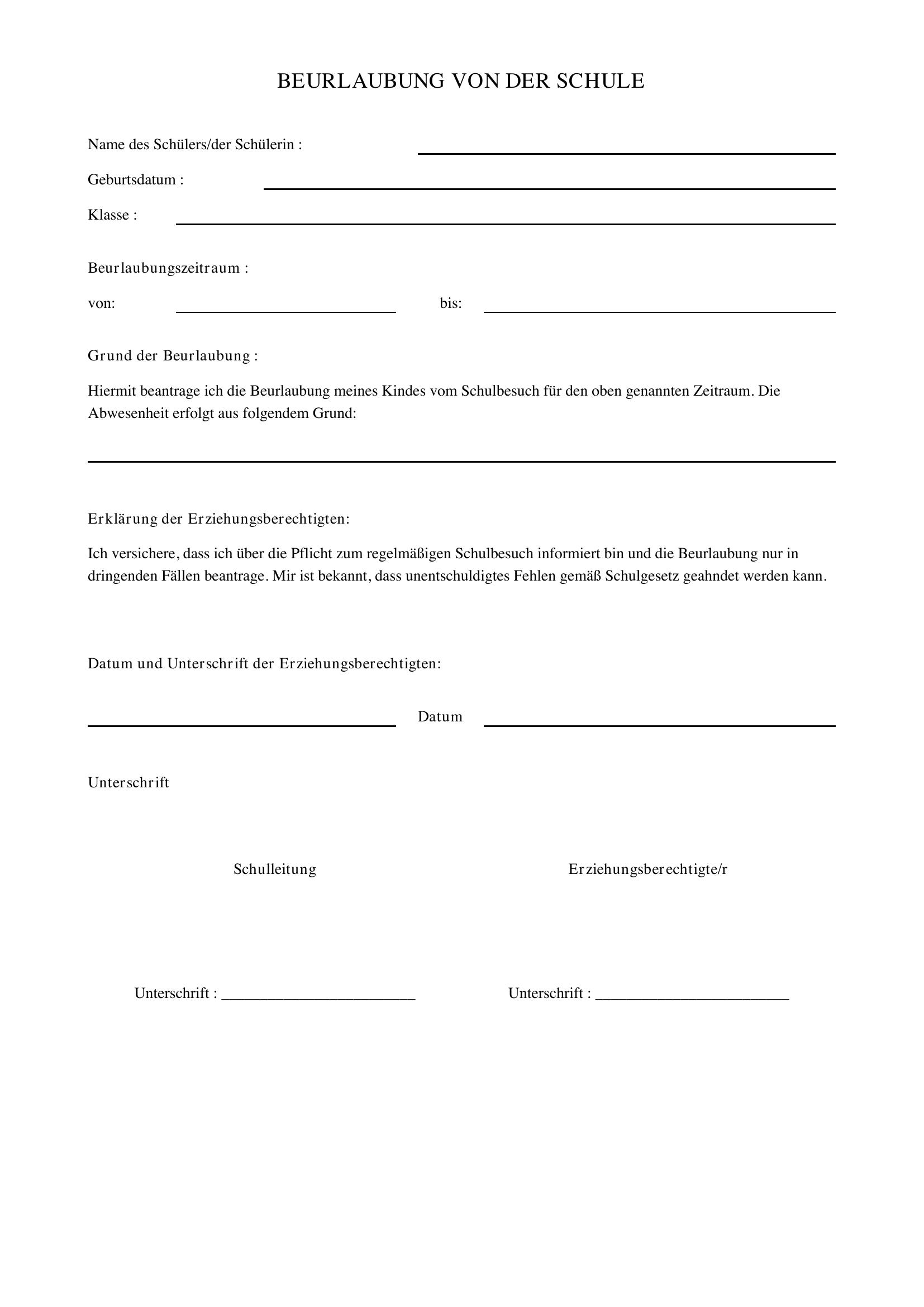 Beurlaubung Schule Bw Vorlage