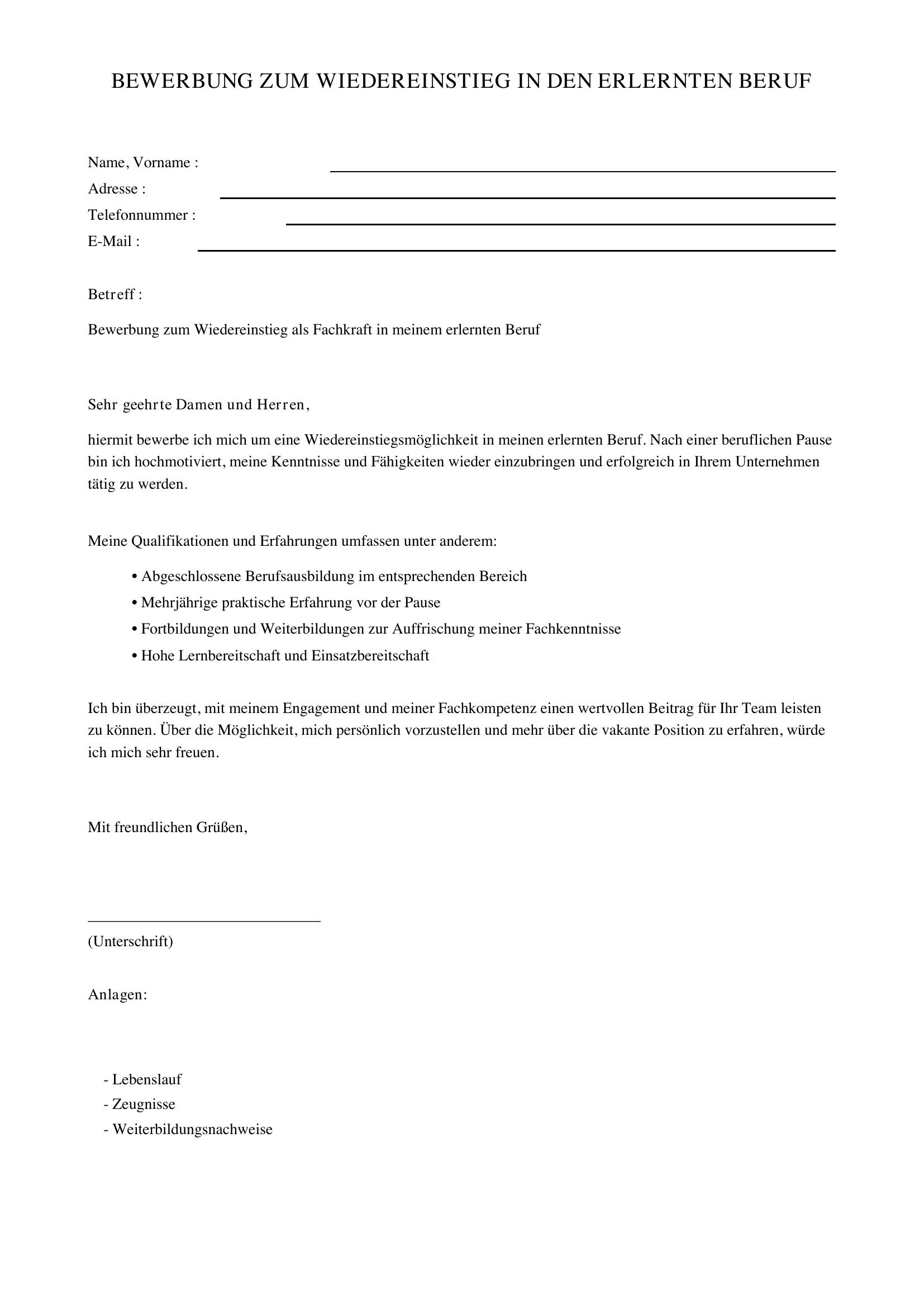 Bewerbungsschreiben Wiedereinstieg In Erlernten Beruf Muster
