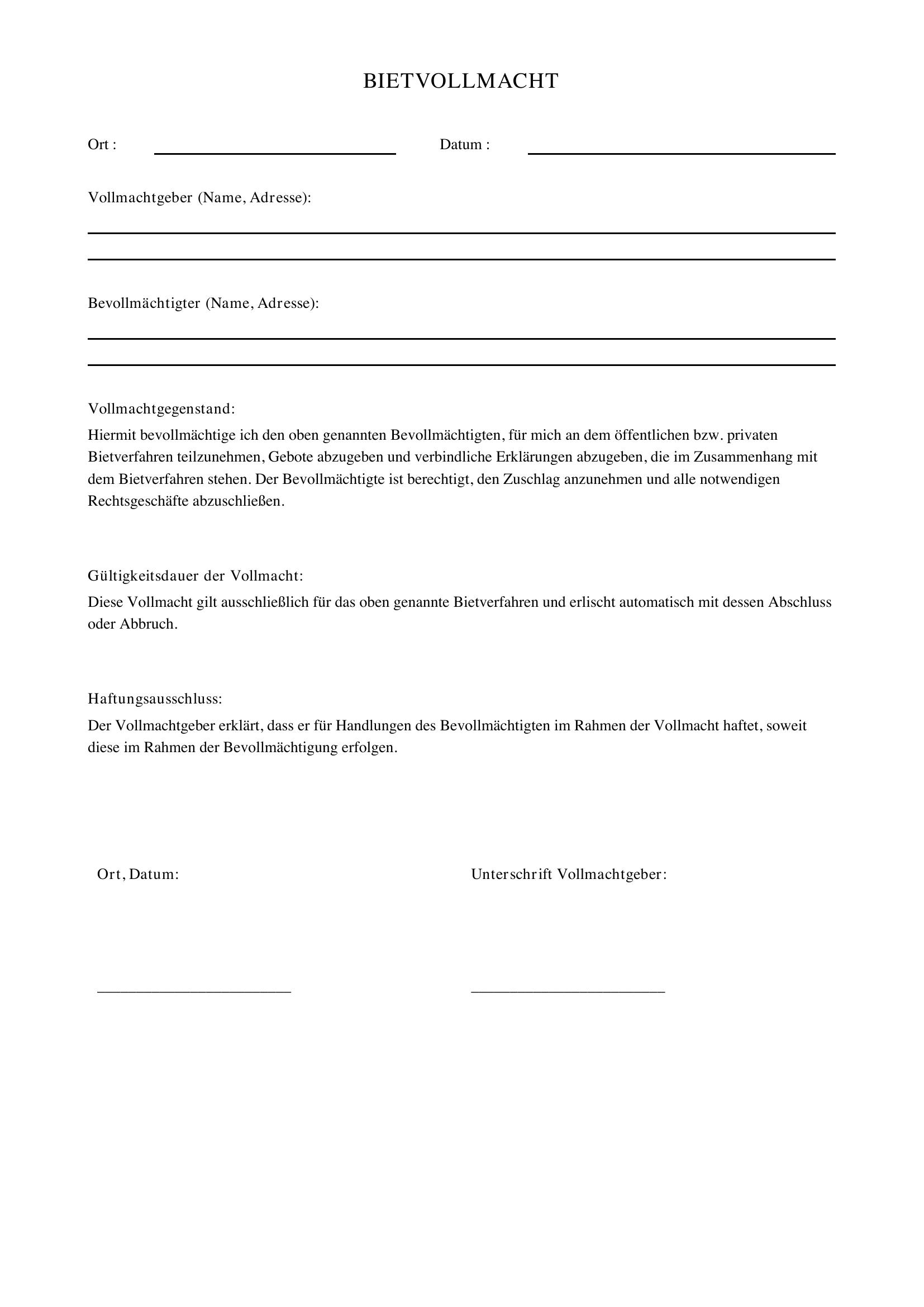 Bietvollmacht Vorlage