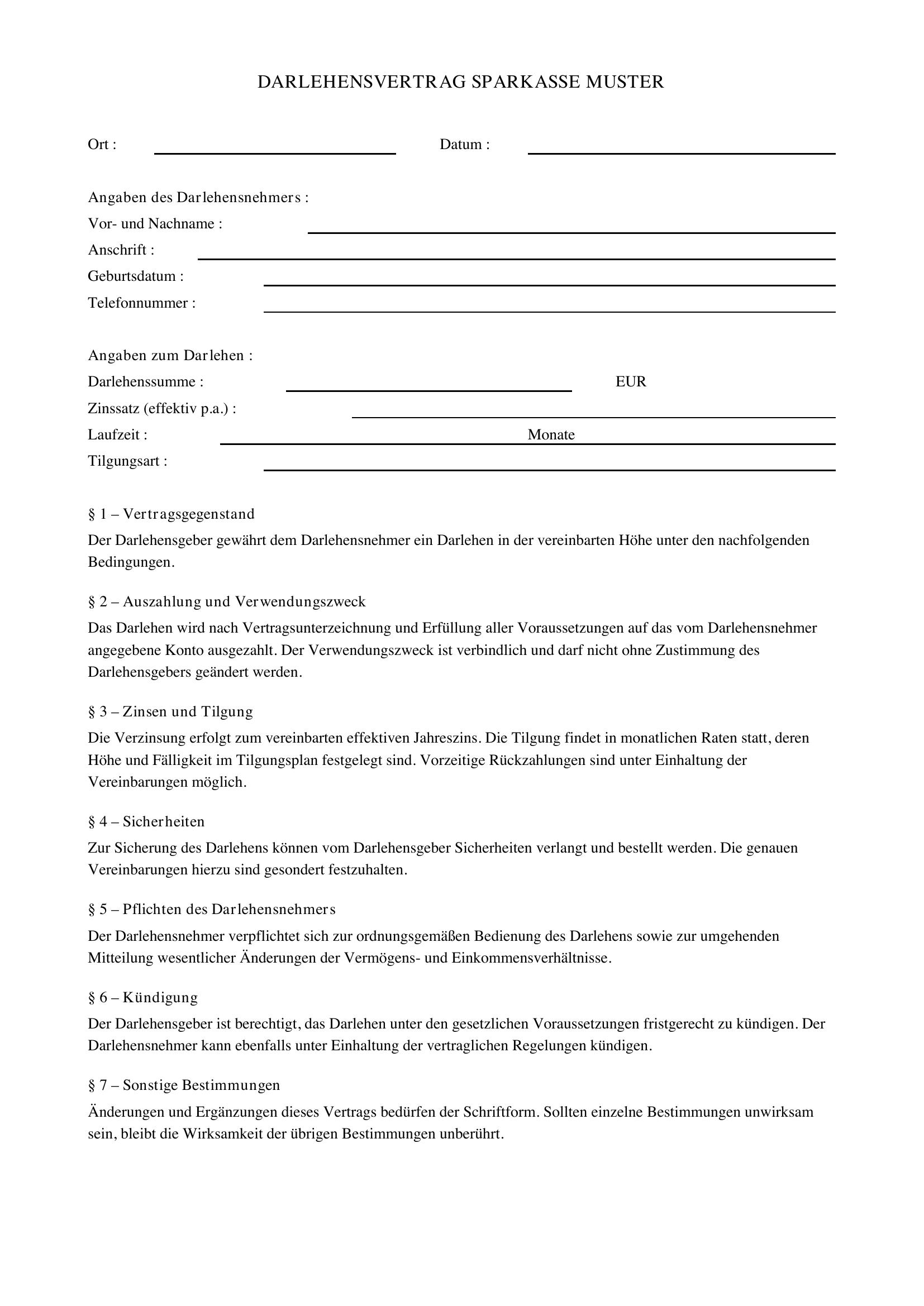 Darlehensvertrag Sparkasse Muster