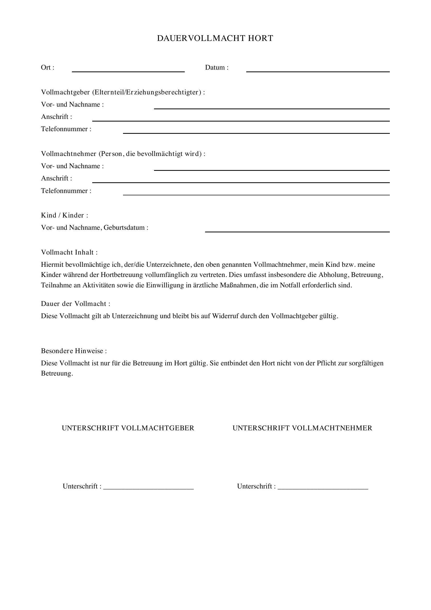 Dauervollmacht Hort