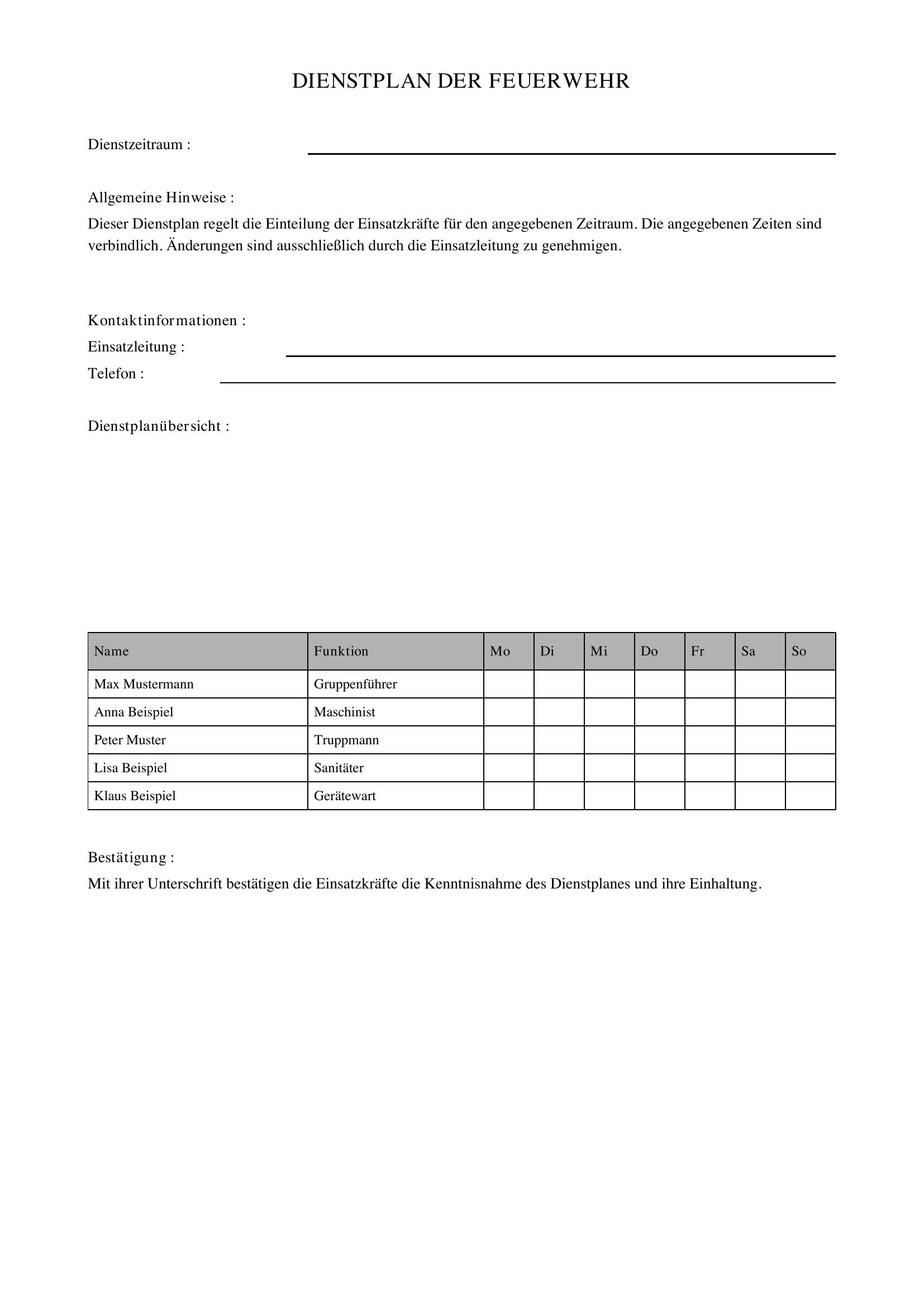 Dienstplan Feuerwehr Vorlage