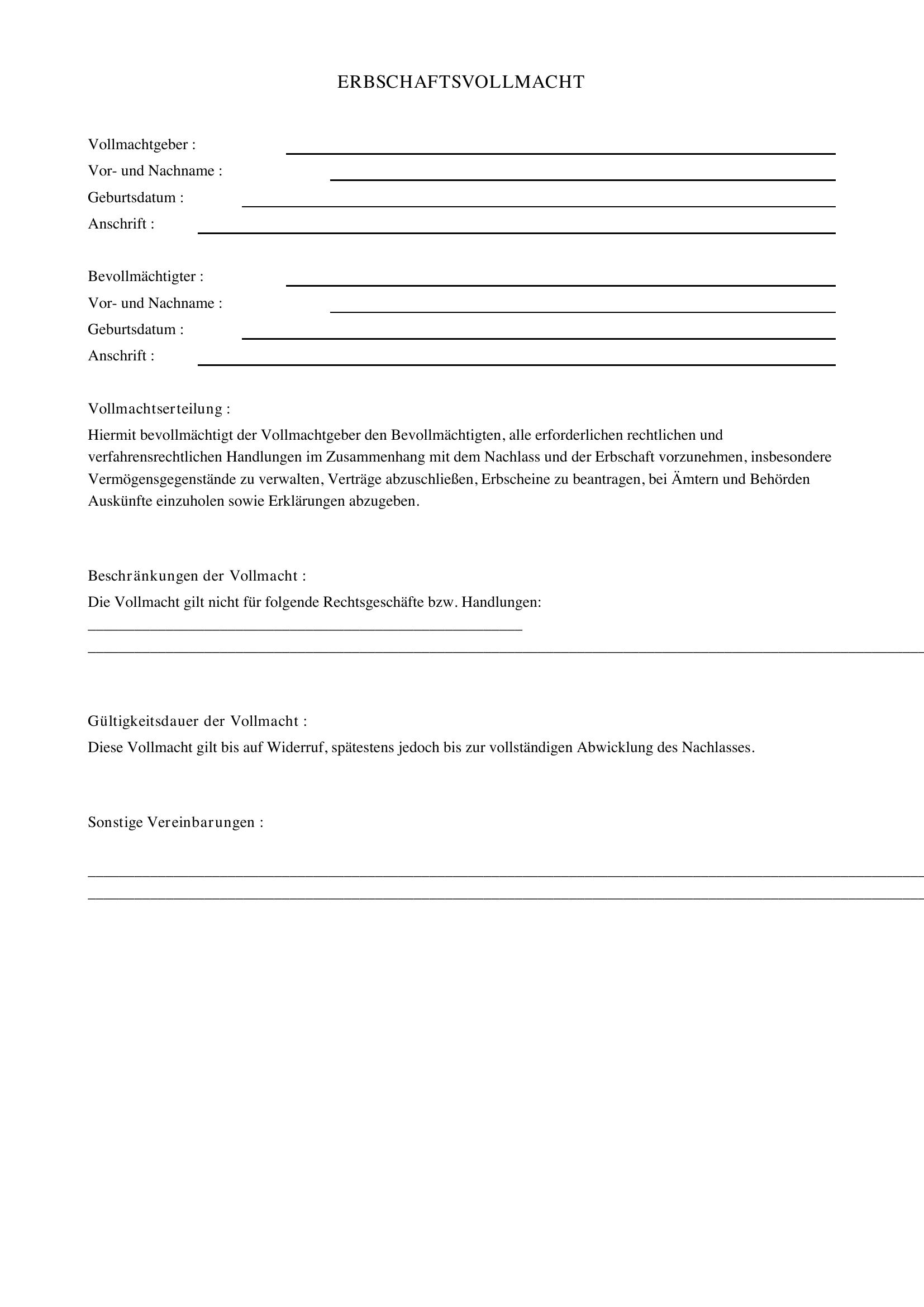 Erbschaftsvollmacht Vorlage