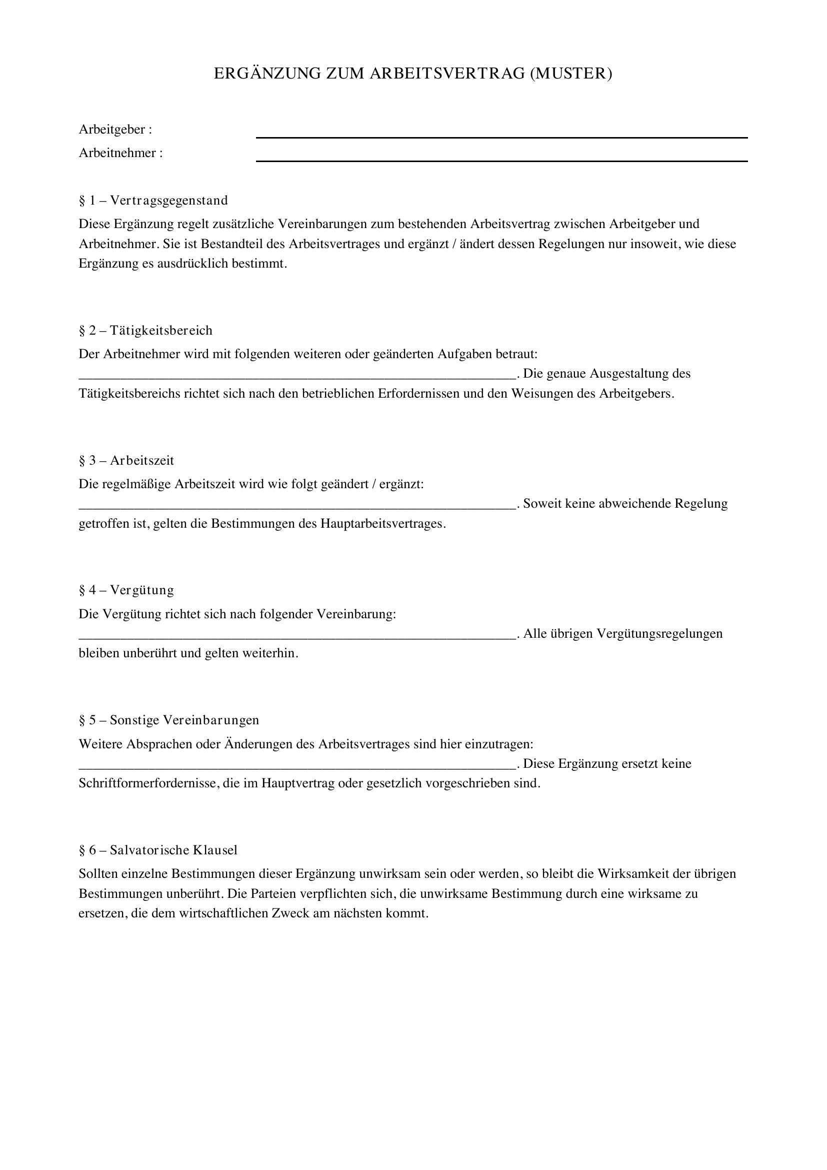 Ergänzung Zum Arbeitsvertrag Muster