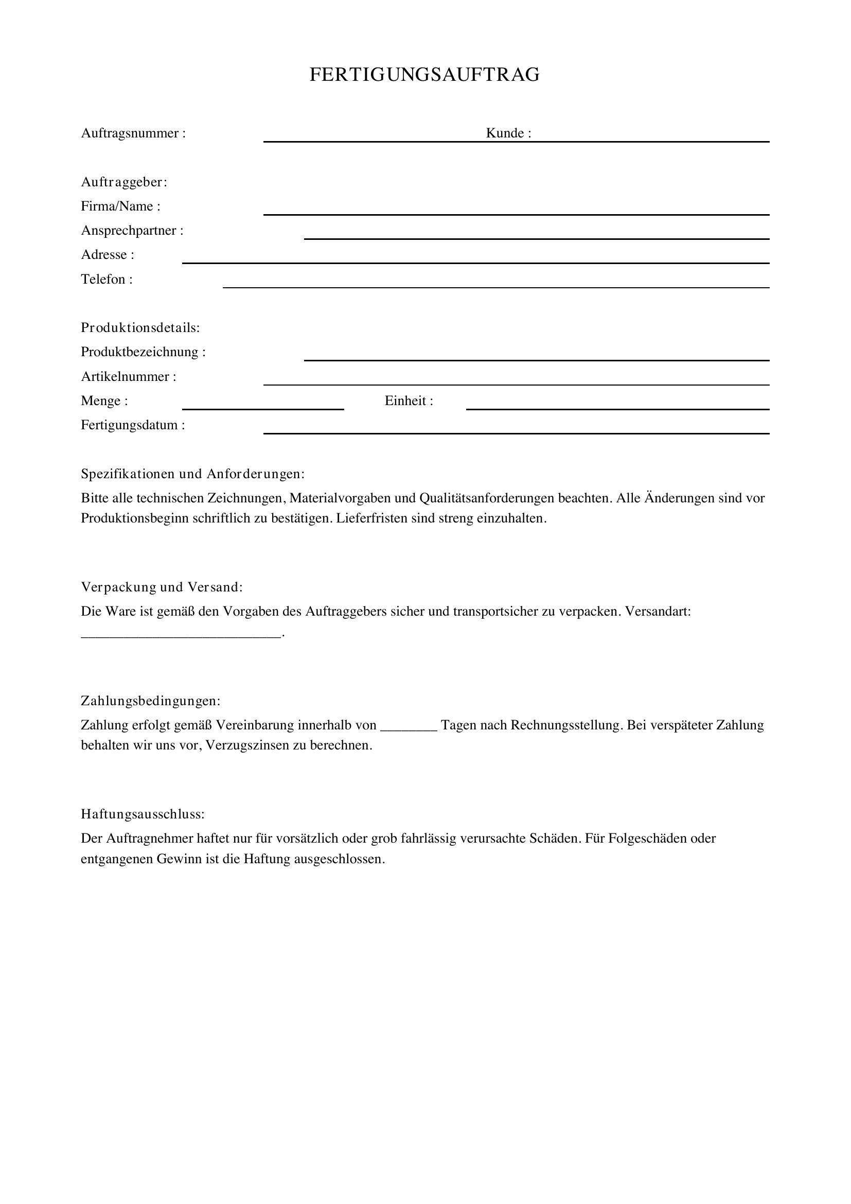 Fertigungsauftrag Vorlage