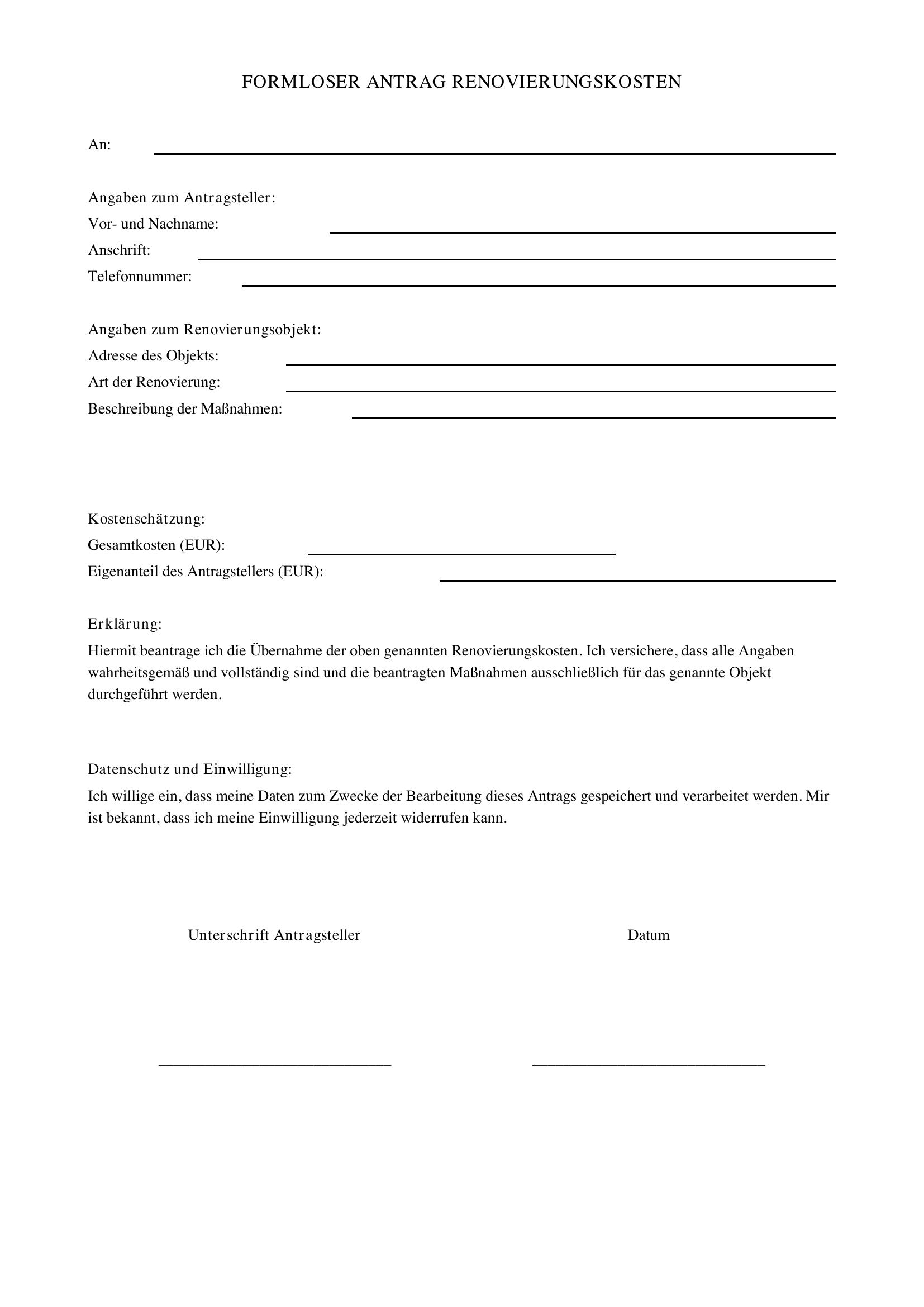 Formloser Antrag Renovierungskosten Muster