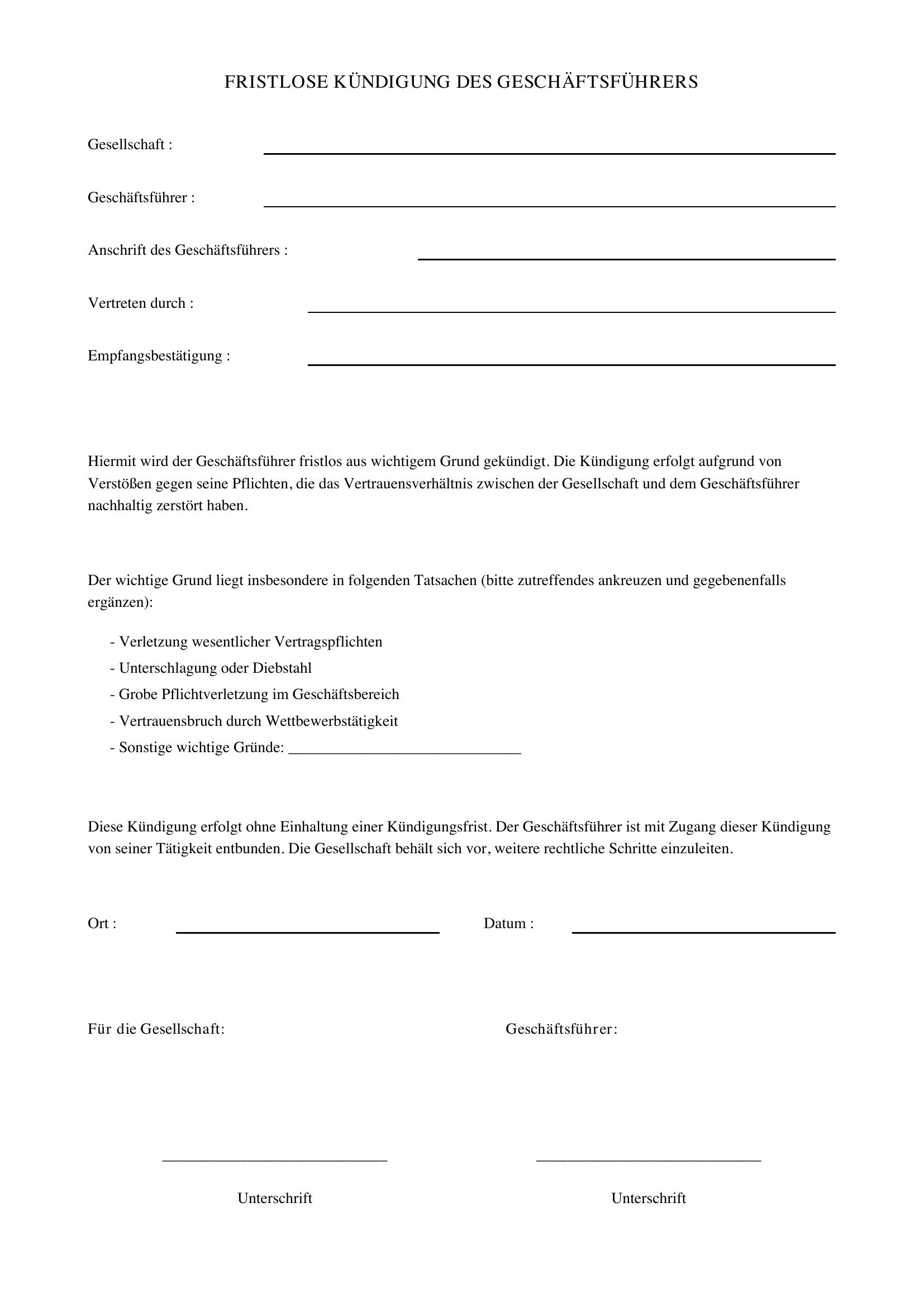 Fristlose Kündigung Geschäftsführer Muster