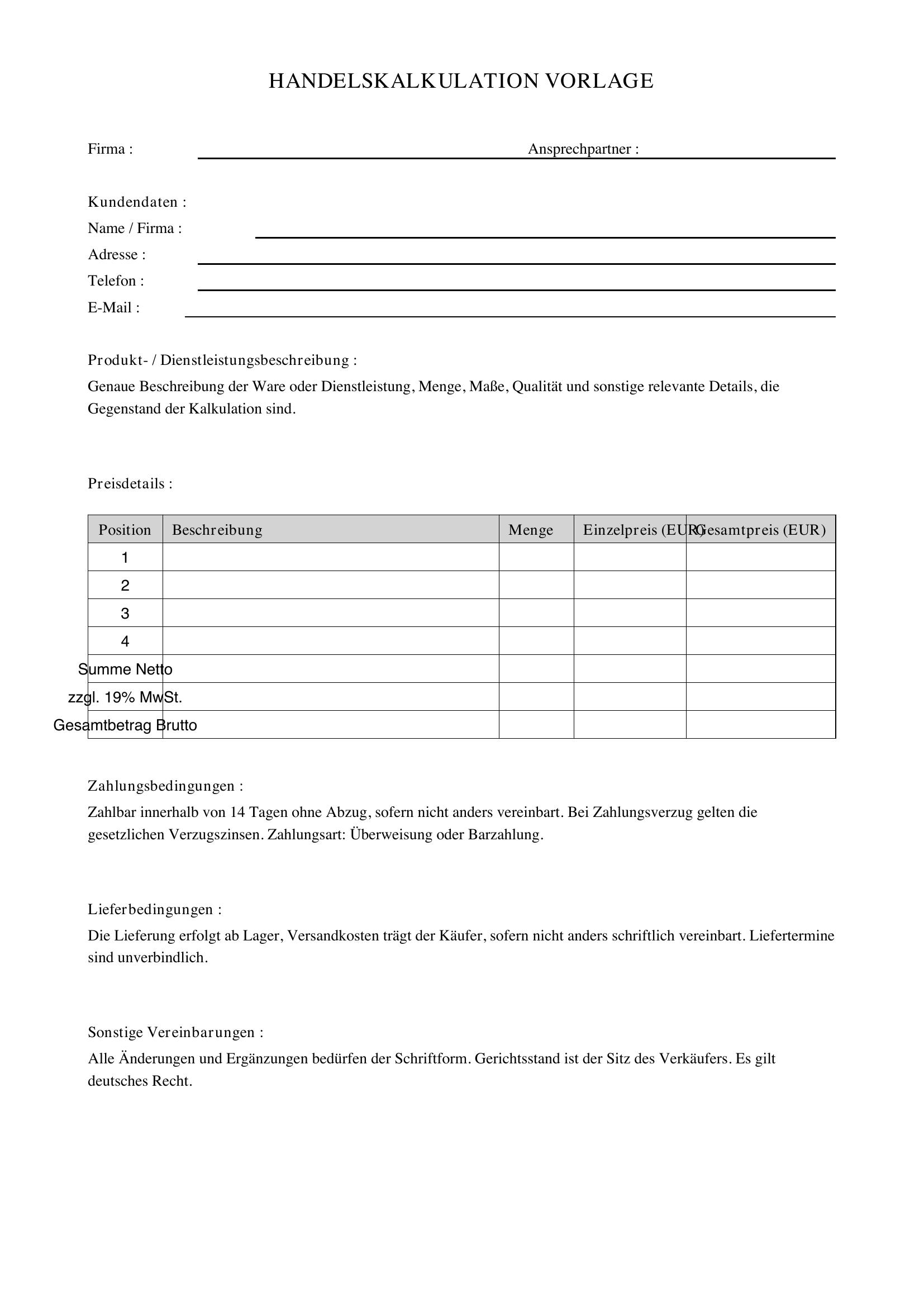 Handelskalkulation Vorlage