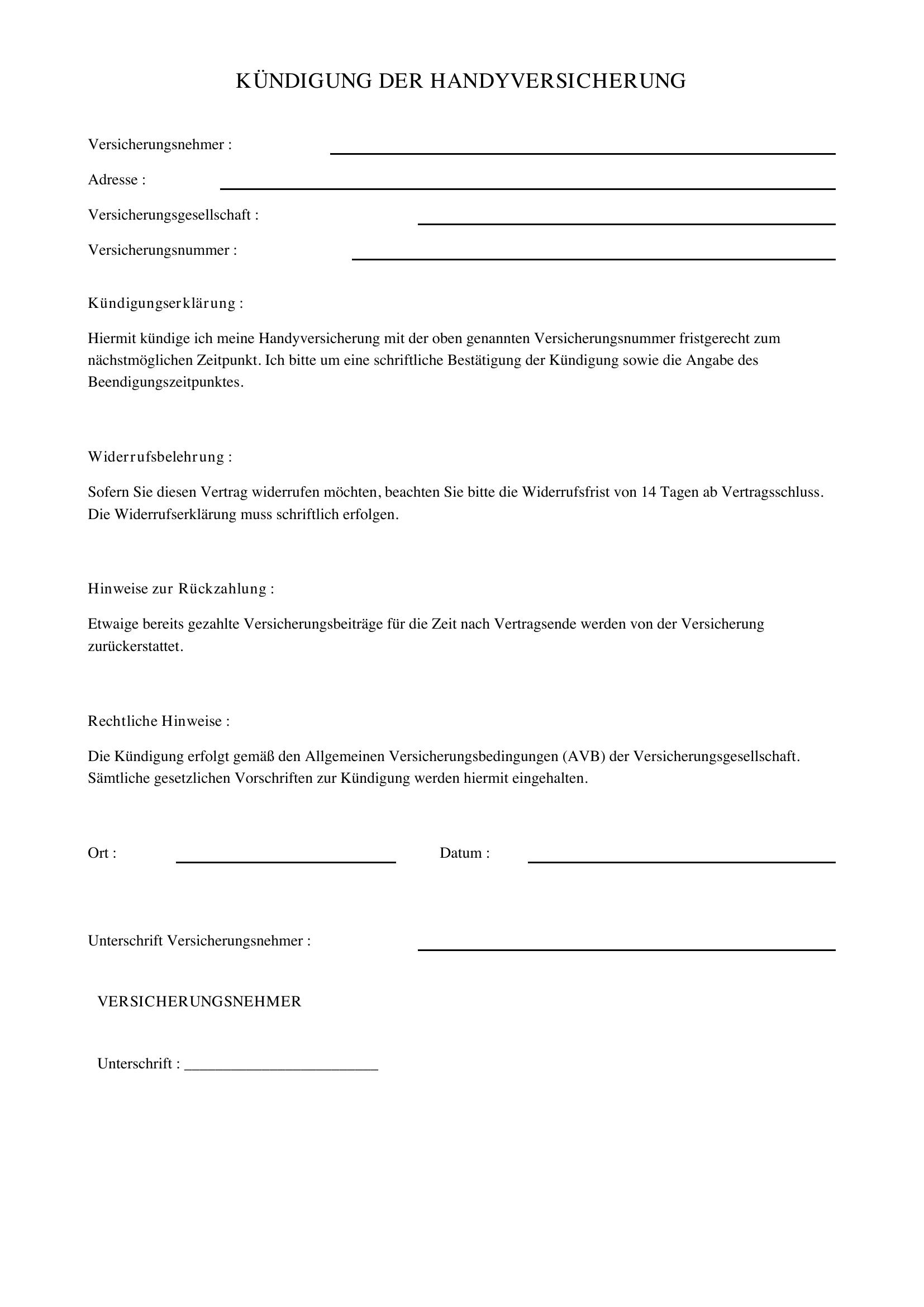 Handyversicherung Kündigen Vorlage
