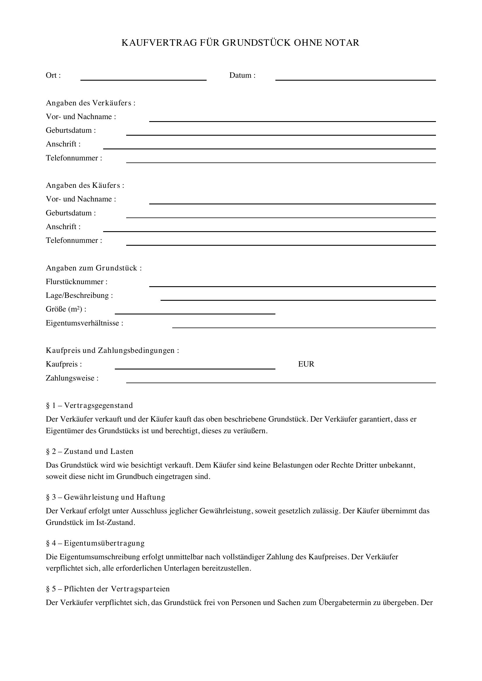 Kaufvertrag Grundstück Ohne Notar Muster