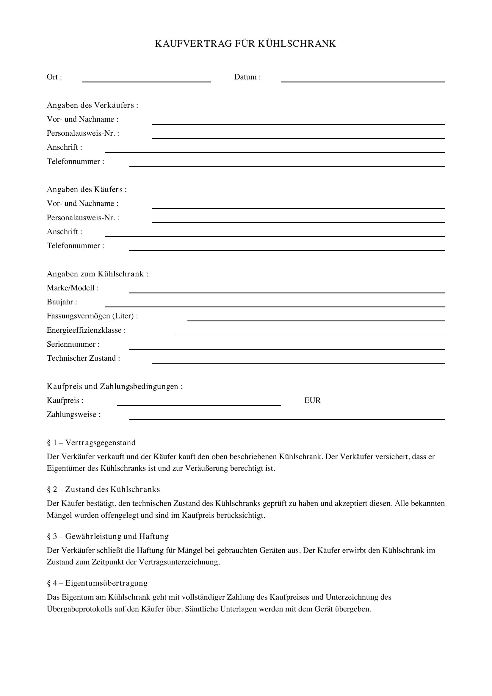 Kaufvertrag Kühlschrank
