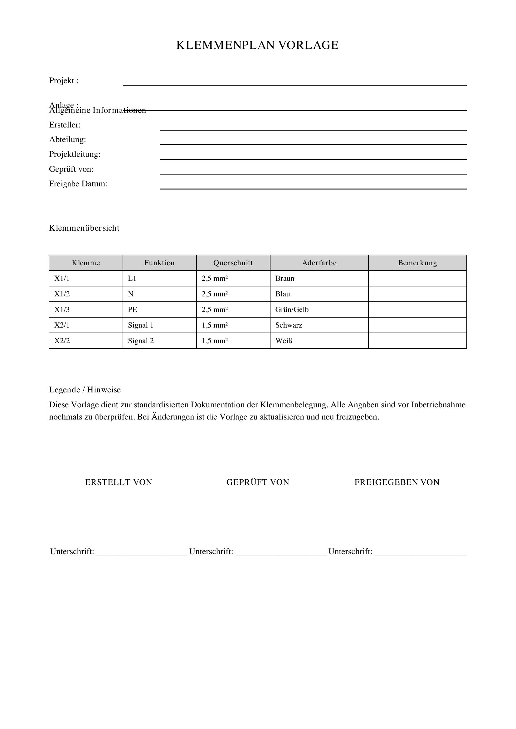 Klemmenplan Vorlage