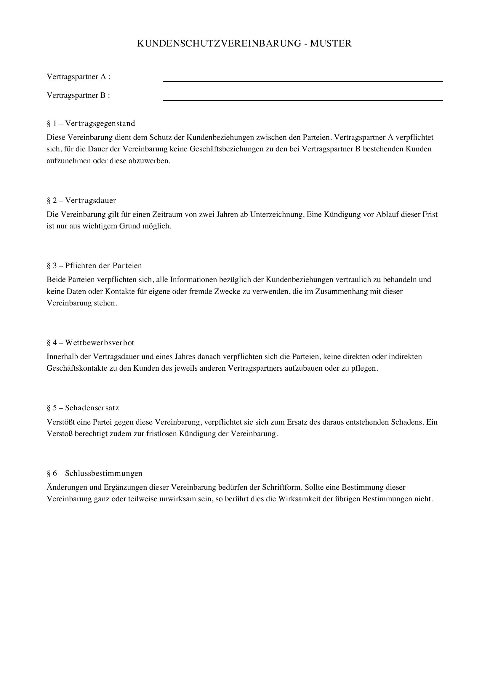 Kundenschutzvereinbarung Muster