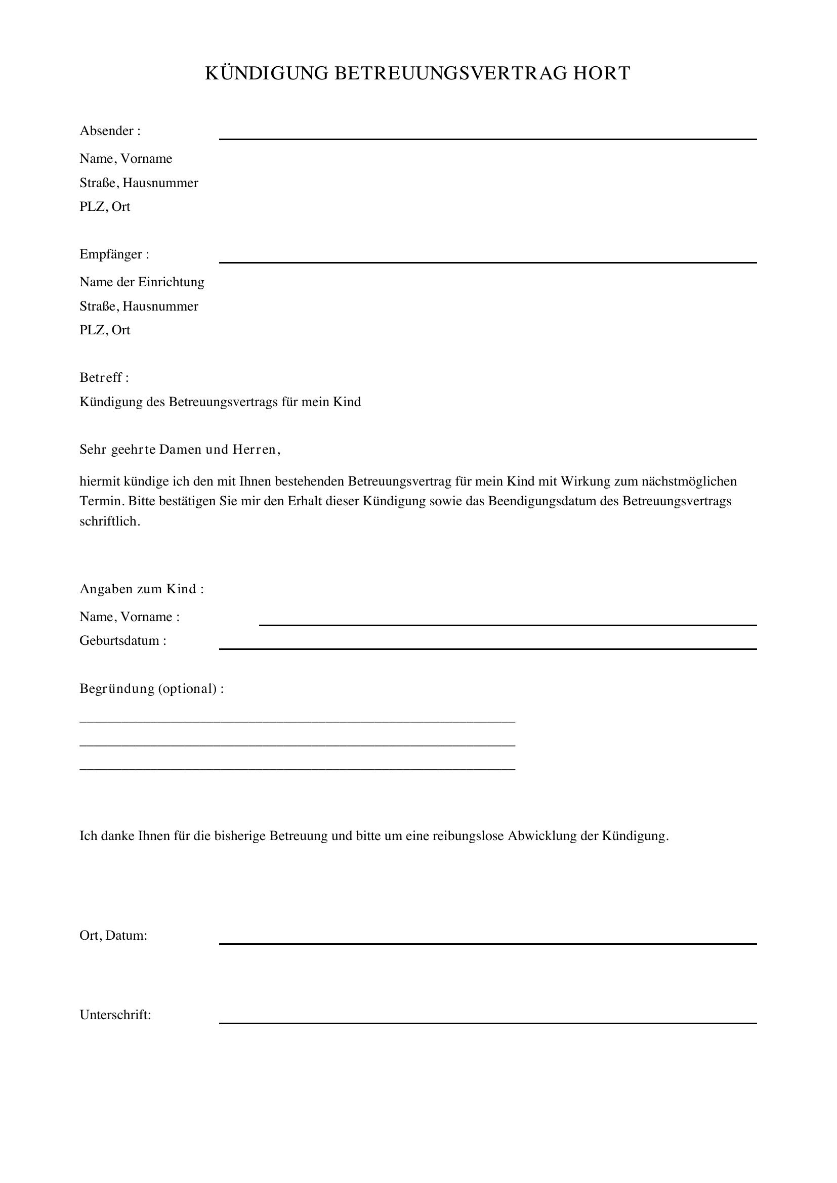 Kündigung Betreuungsvertrag Hort Vorlage