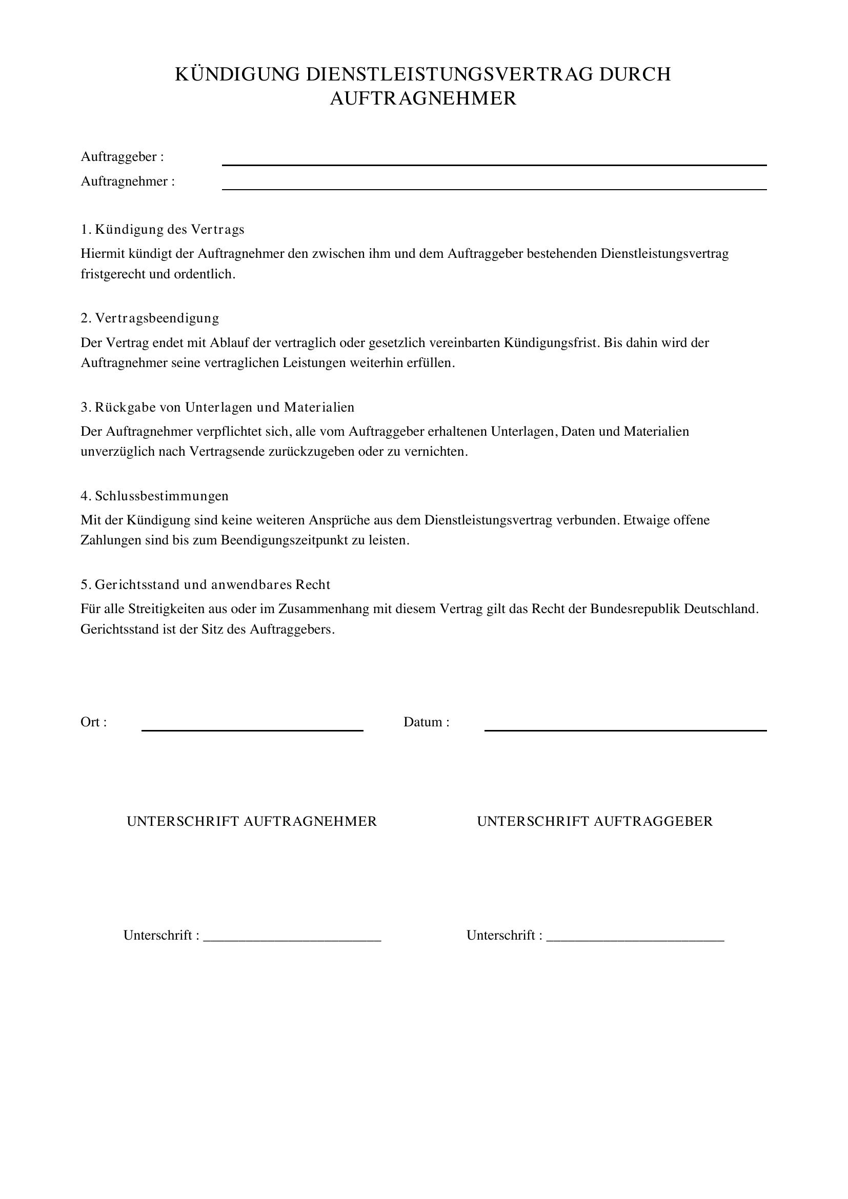 Kündigung Dienstleistungsvertrag Durch Auftragnehmer Vorlage