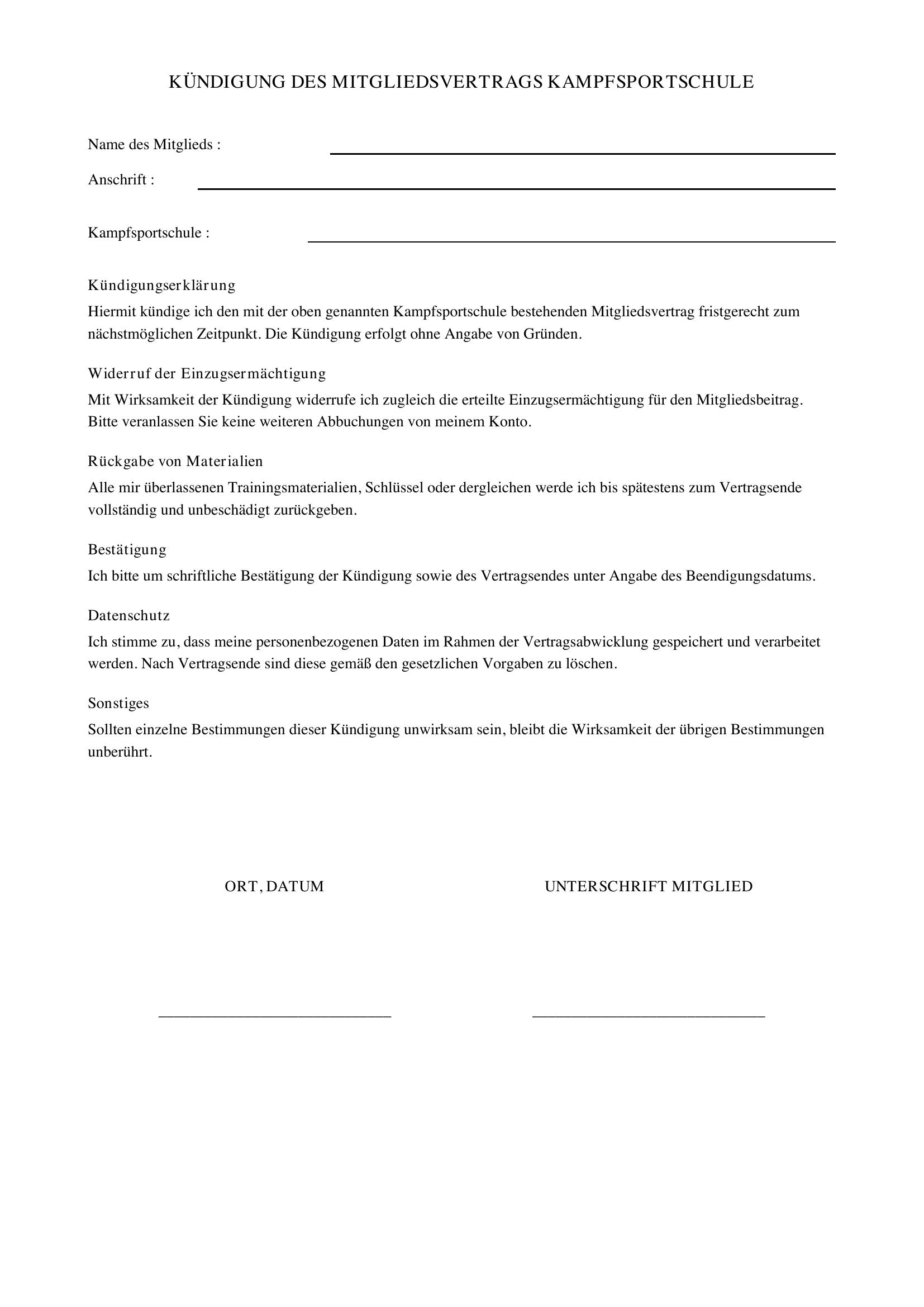 Kündigung Kampfsportschule