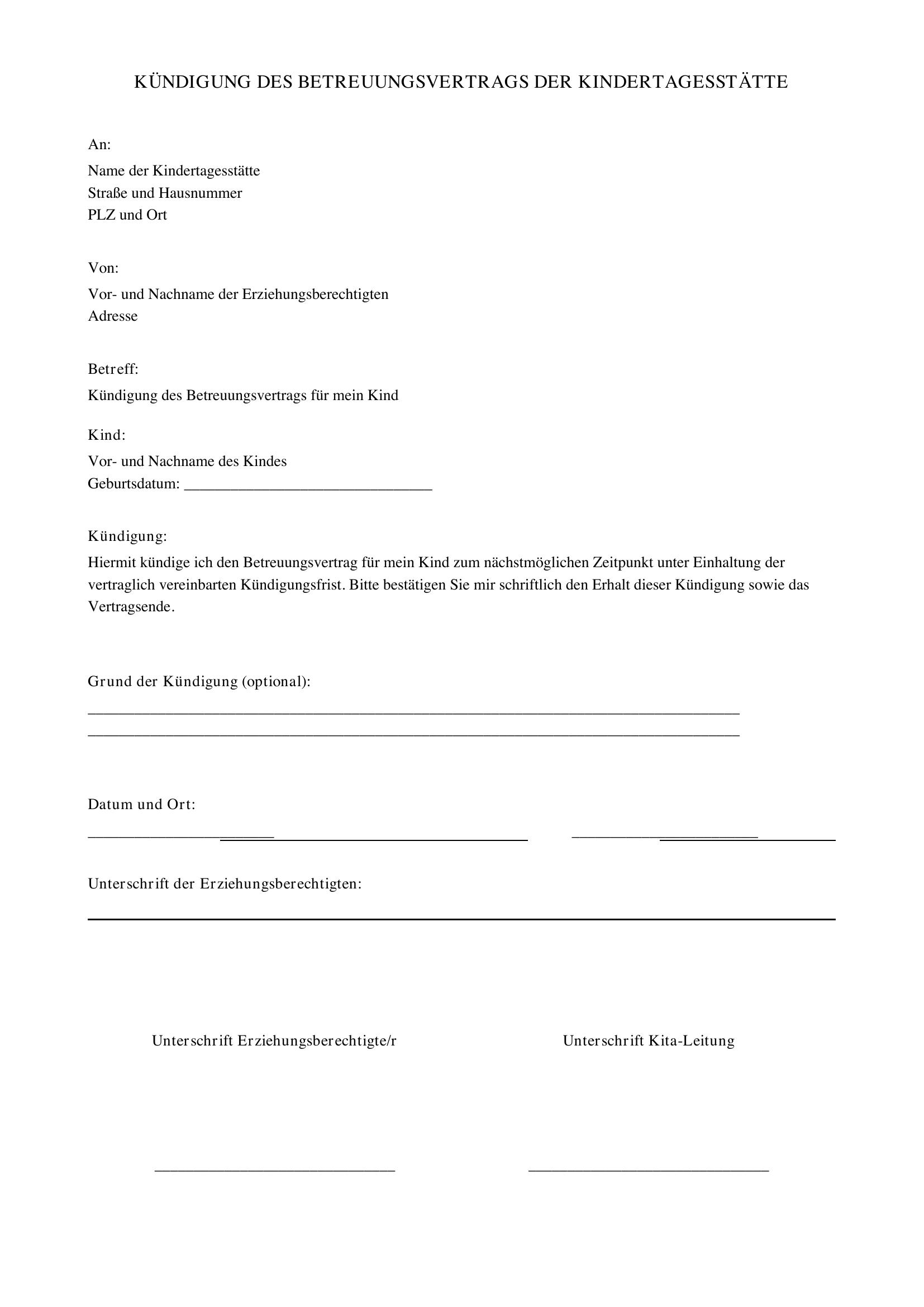 Kündigung Kita Vorlage
