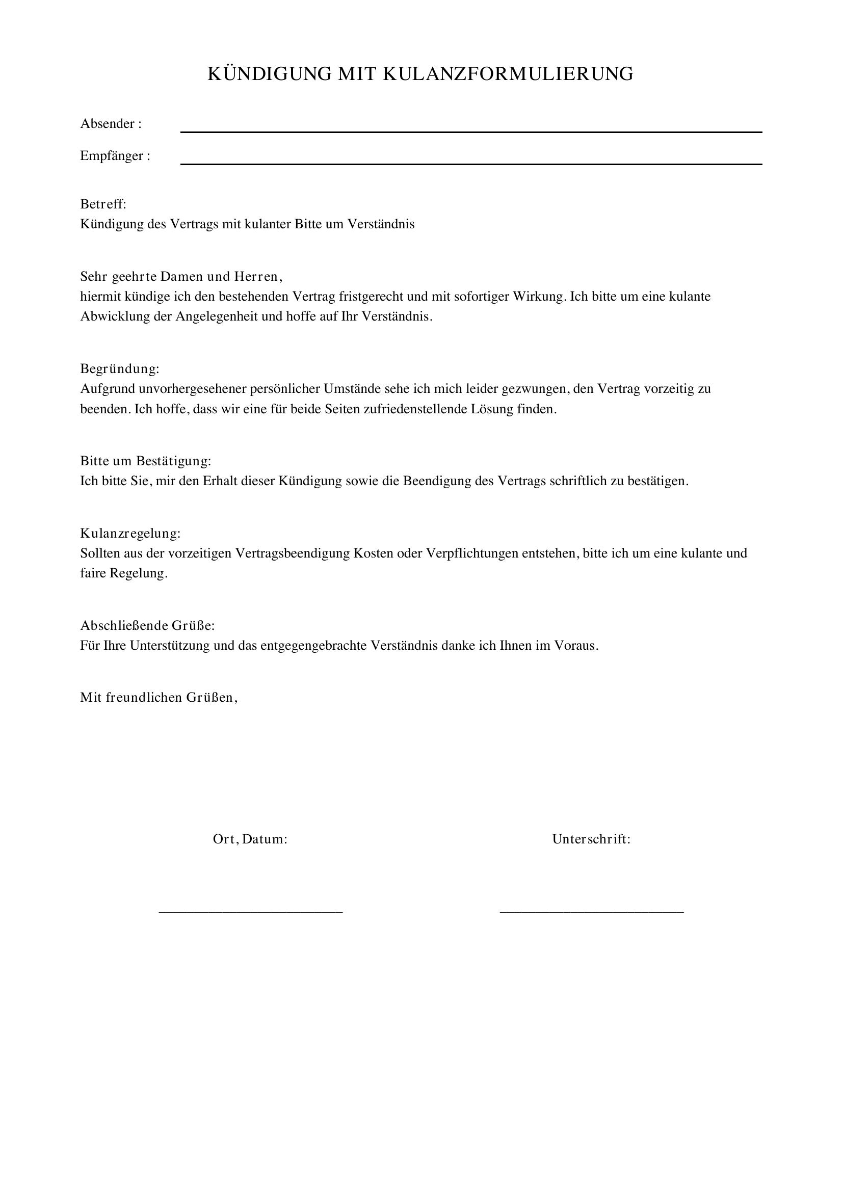 Kündigung Kulanz Formulierung