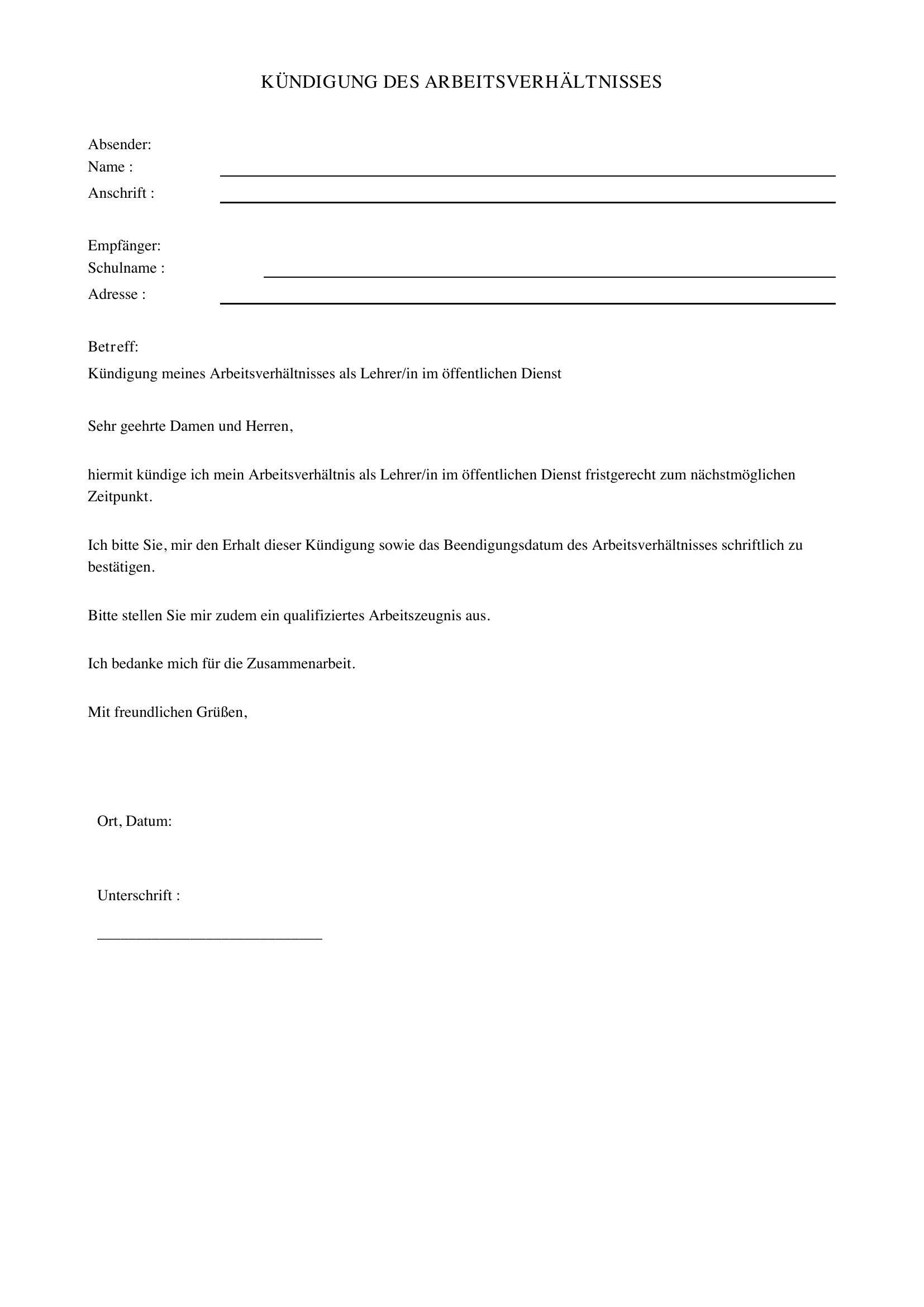 Kündigung Lehrer Öffentlicher Dienst Musterschreiben