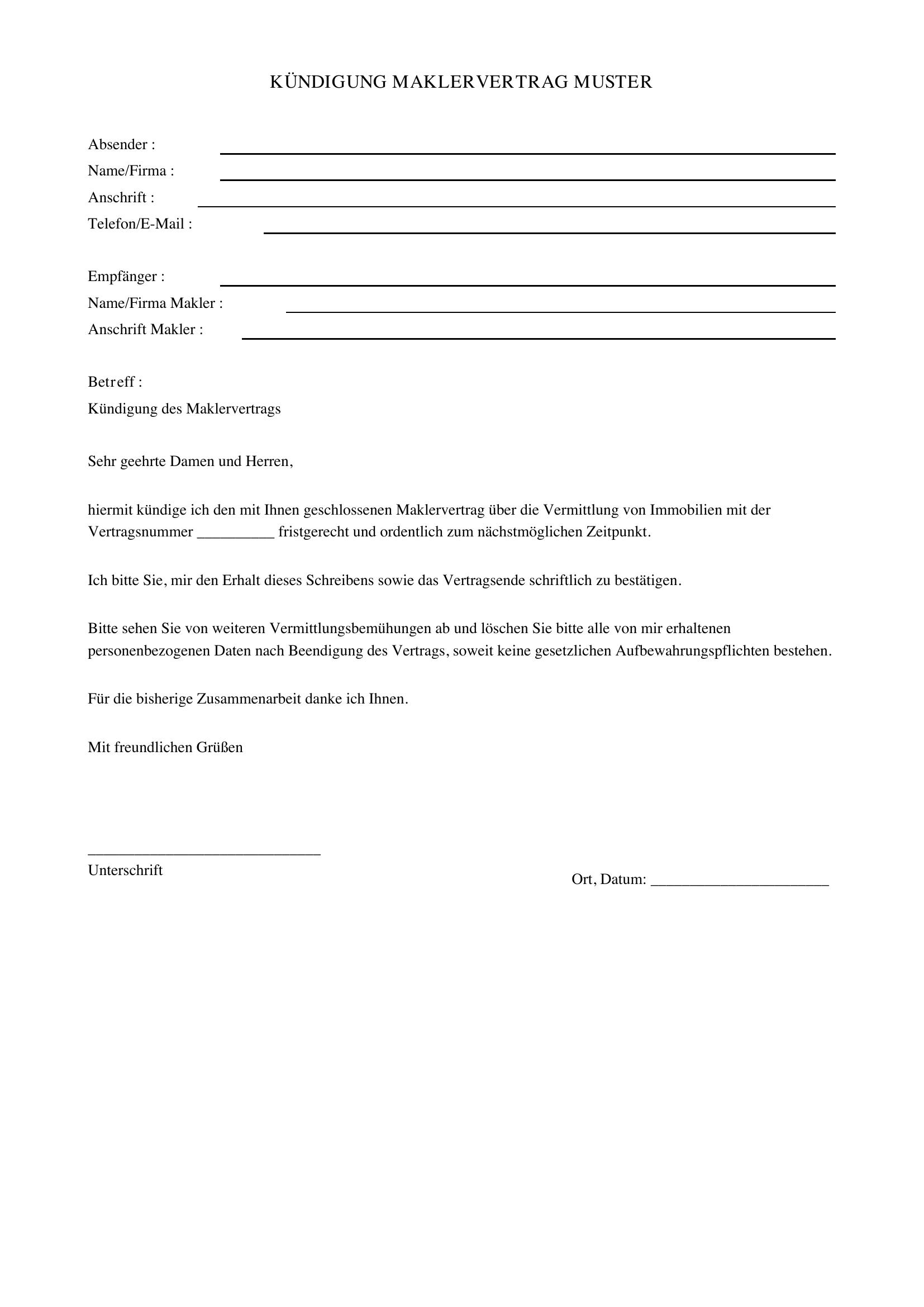 Kündigung Maklervertrag Muster
