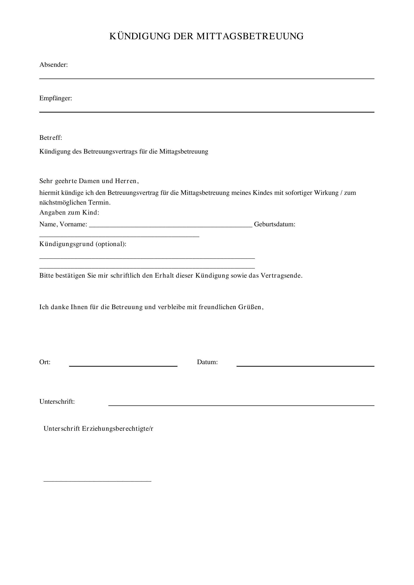 Kündigung Mittagsbetreuung Vorlage