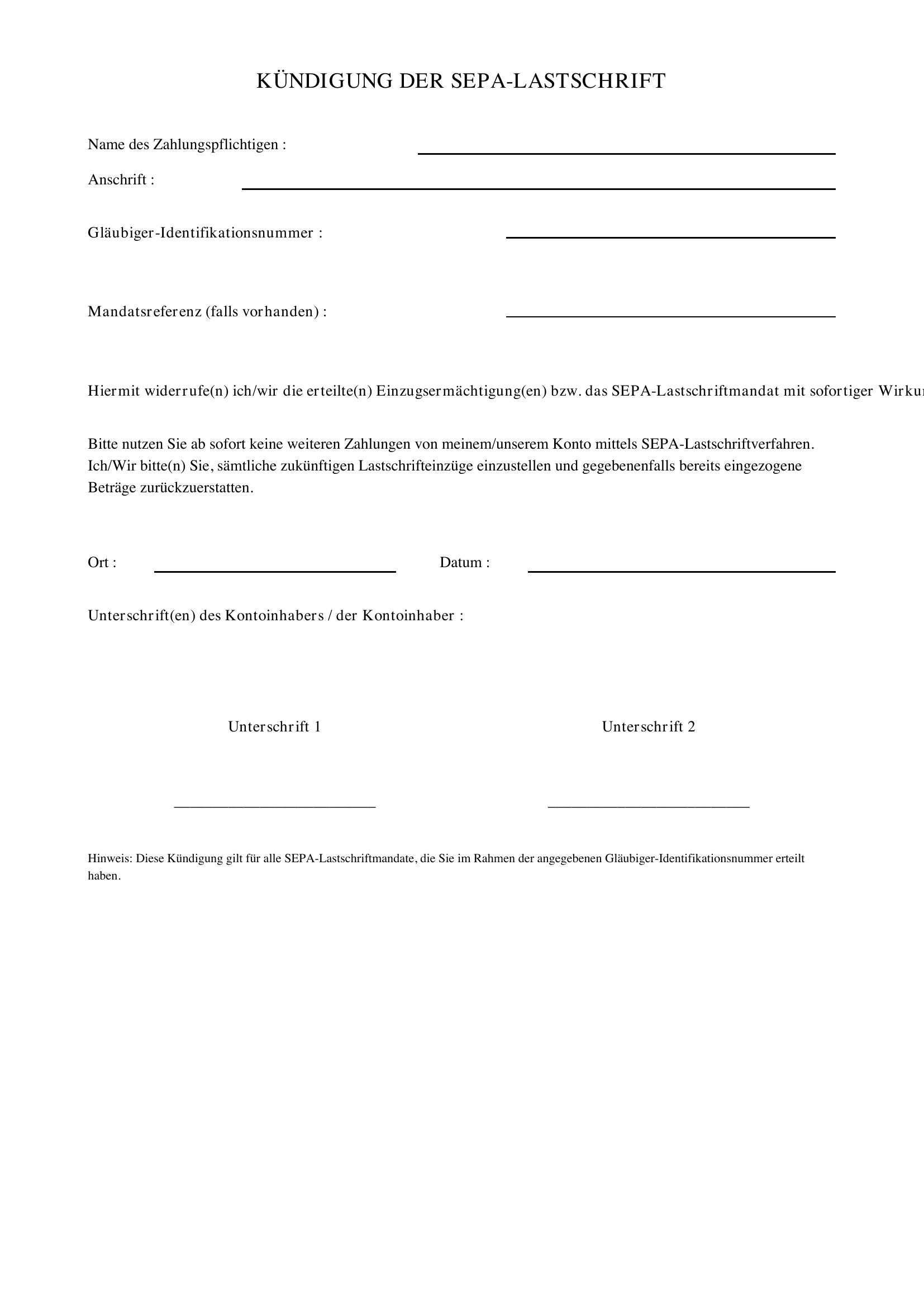 Kündigung Sepa-Lastschrift Vordruck
