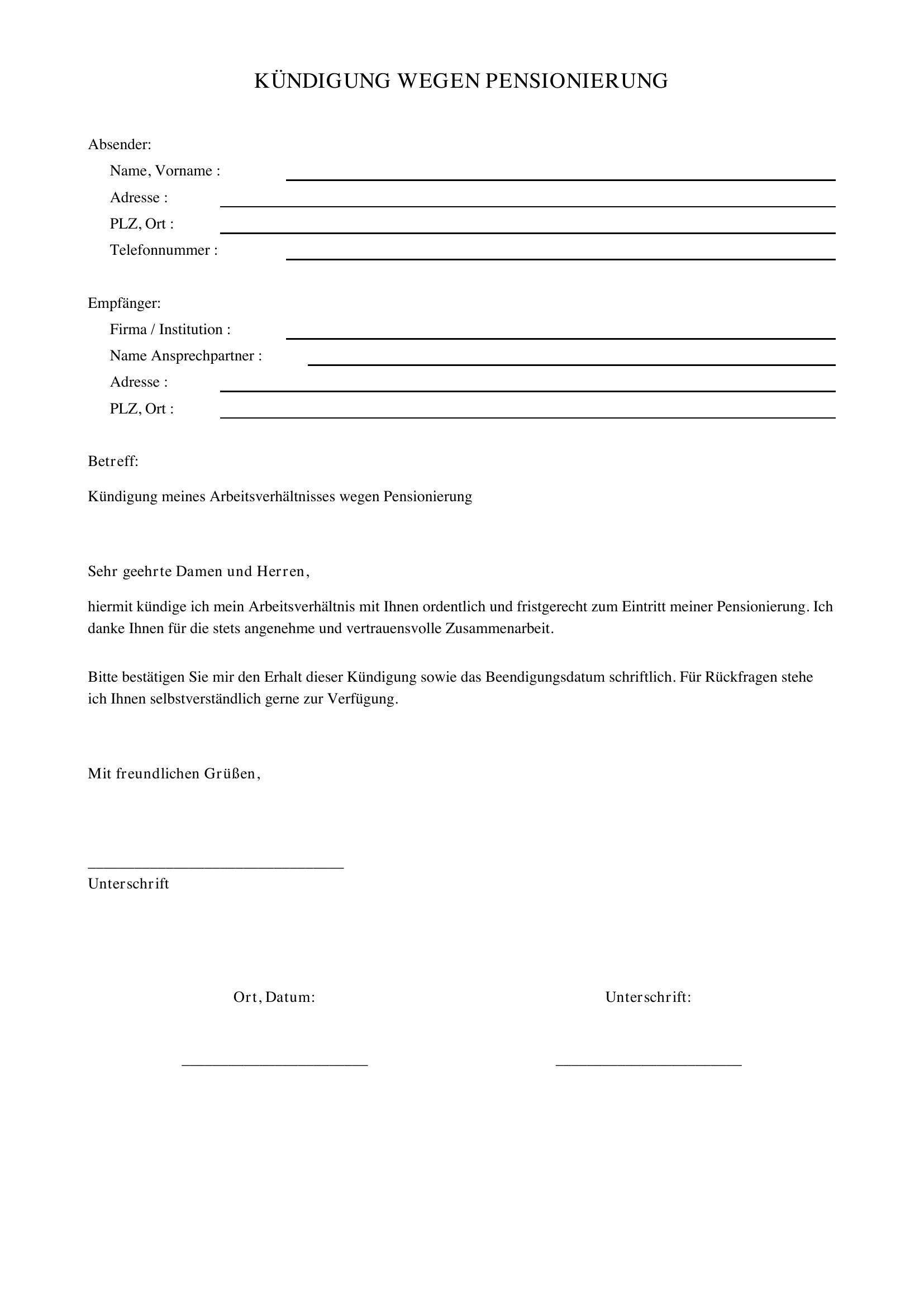 Kündigung Wegen Pensionierung Musterbrief Schweiz