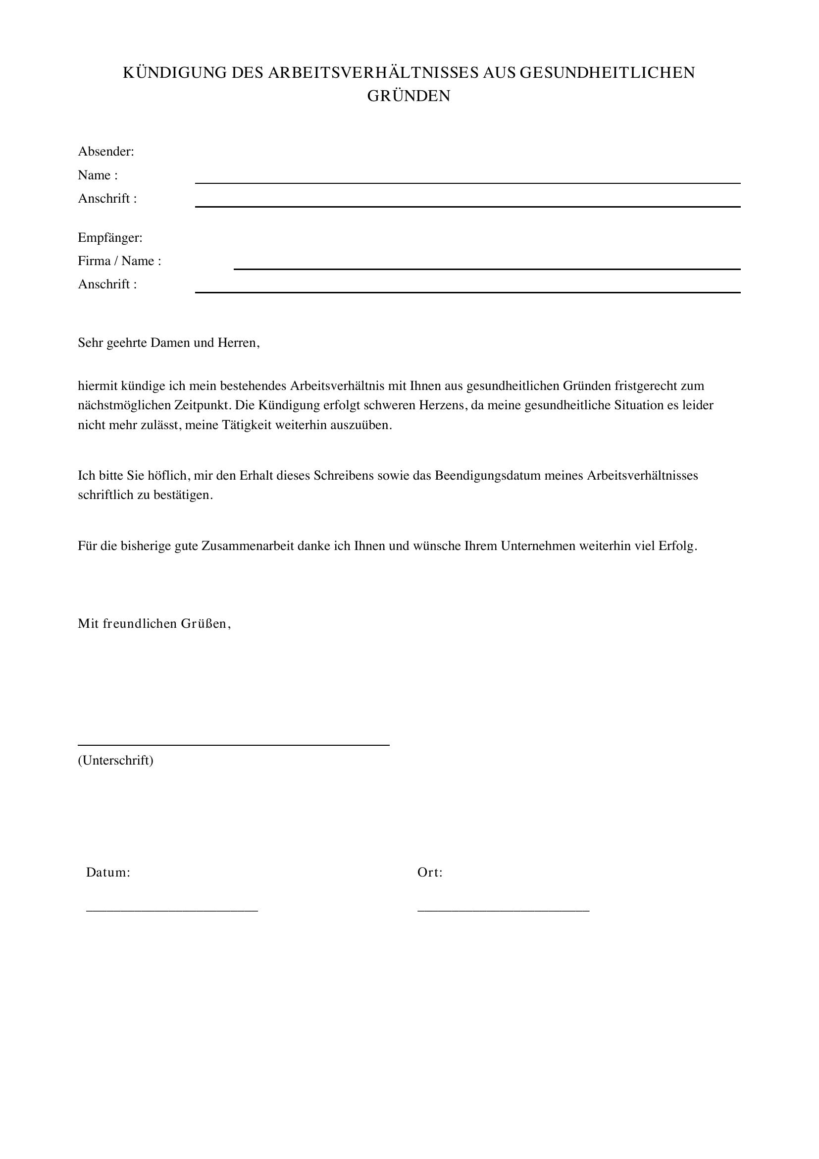 Kündigungsschreiben Aus Gesundheitlichen Gründen