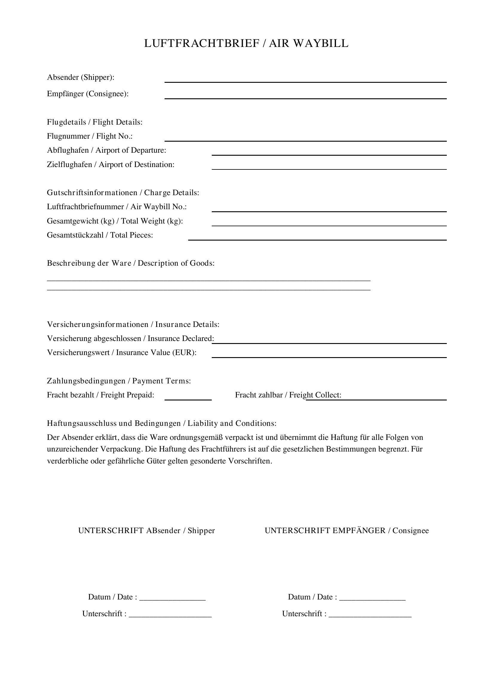 Luftfrachtbrief Vorlage