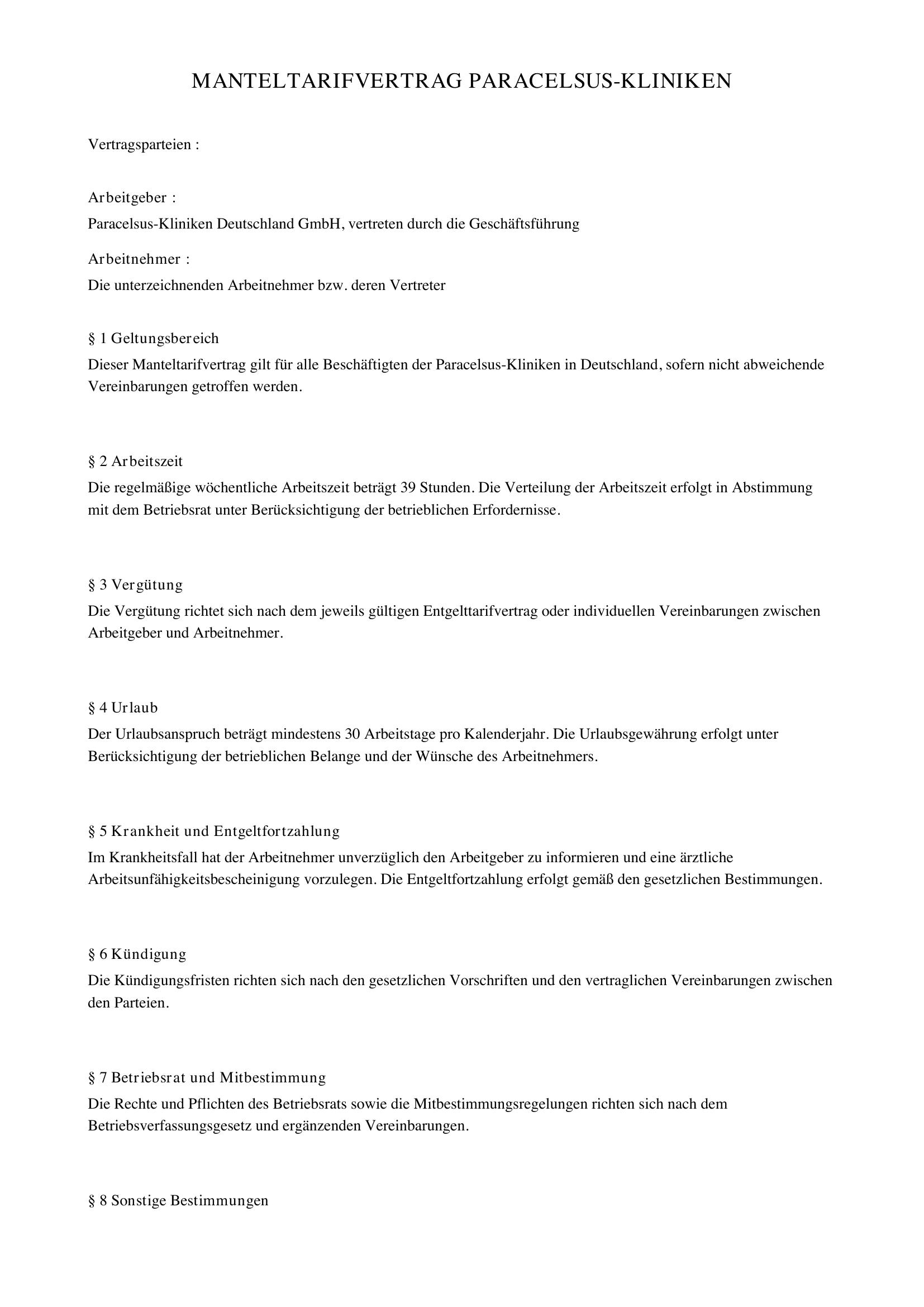 Manteltarifvertrag Paracelsus-Kliniken