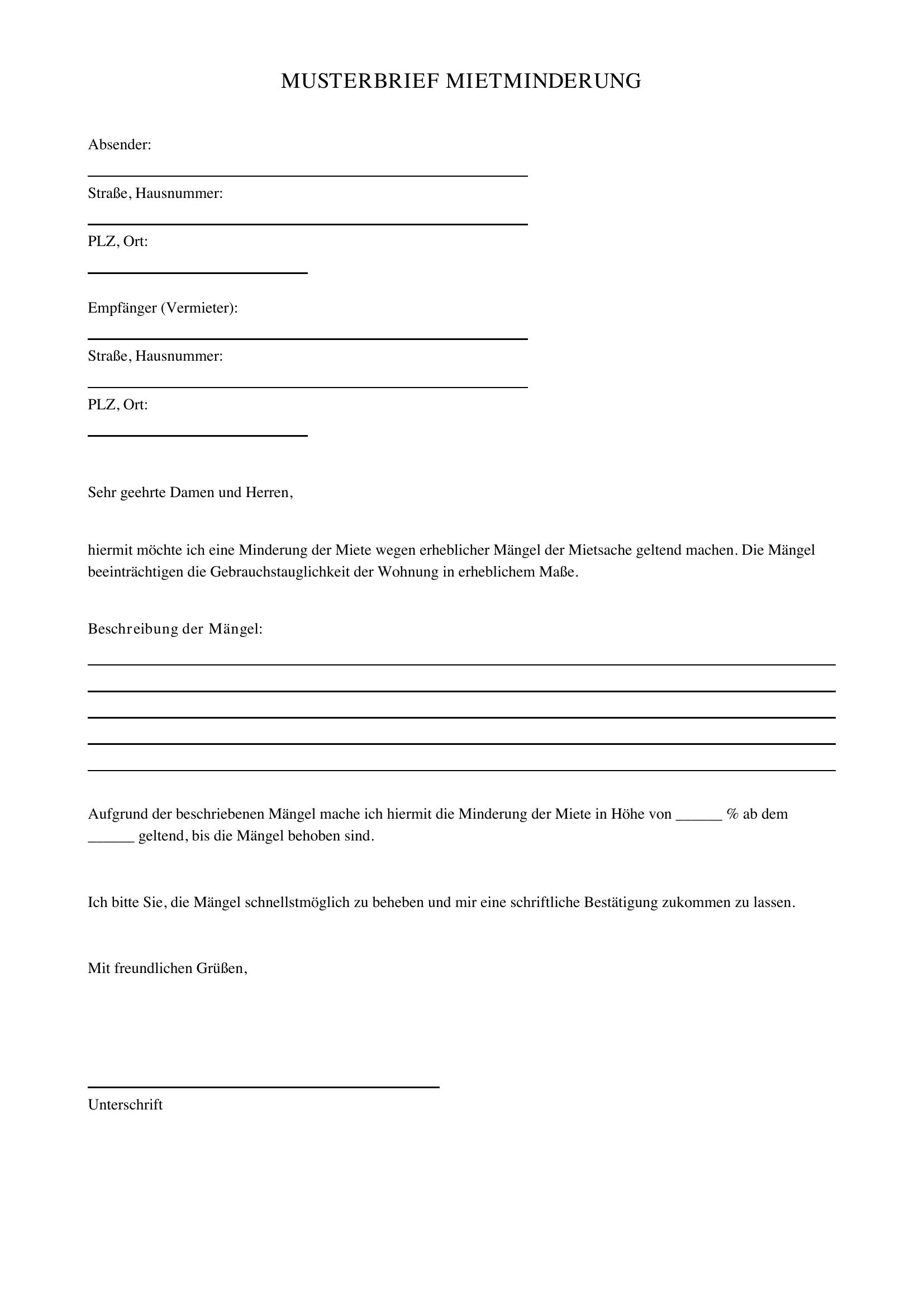 Mietminderung Musterbrief